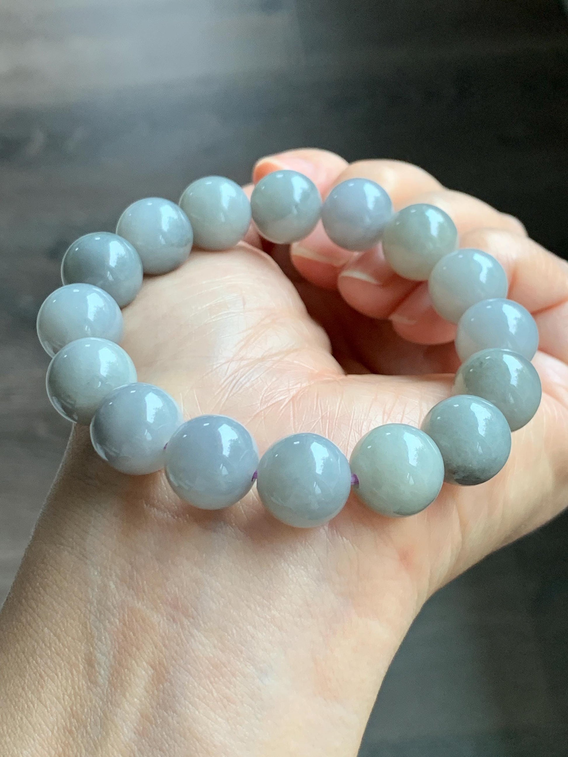 Certified Grade A Natural Icy Translucent Gray Wuji Marbled Jade Jadeite Large Beads Beaded Bracelet 12mm 7" 50.5g 天然大卡糯冰乌鸡翡翠手串 454