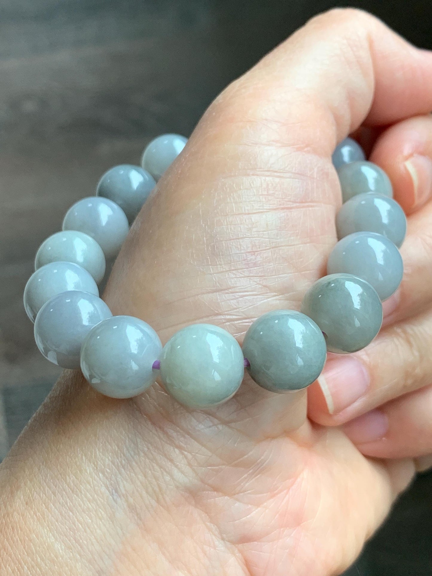 Certified Grade A Natural Icy Translucent Gray Wuji Marbled Jade Jadeite Large Beads Beaded Bracelet 12mm 7" 50.5g 天然大卡糯冰乌鸡翡翠手串 454