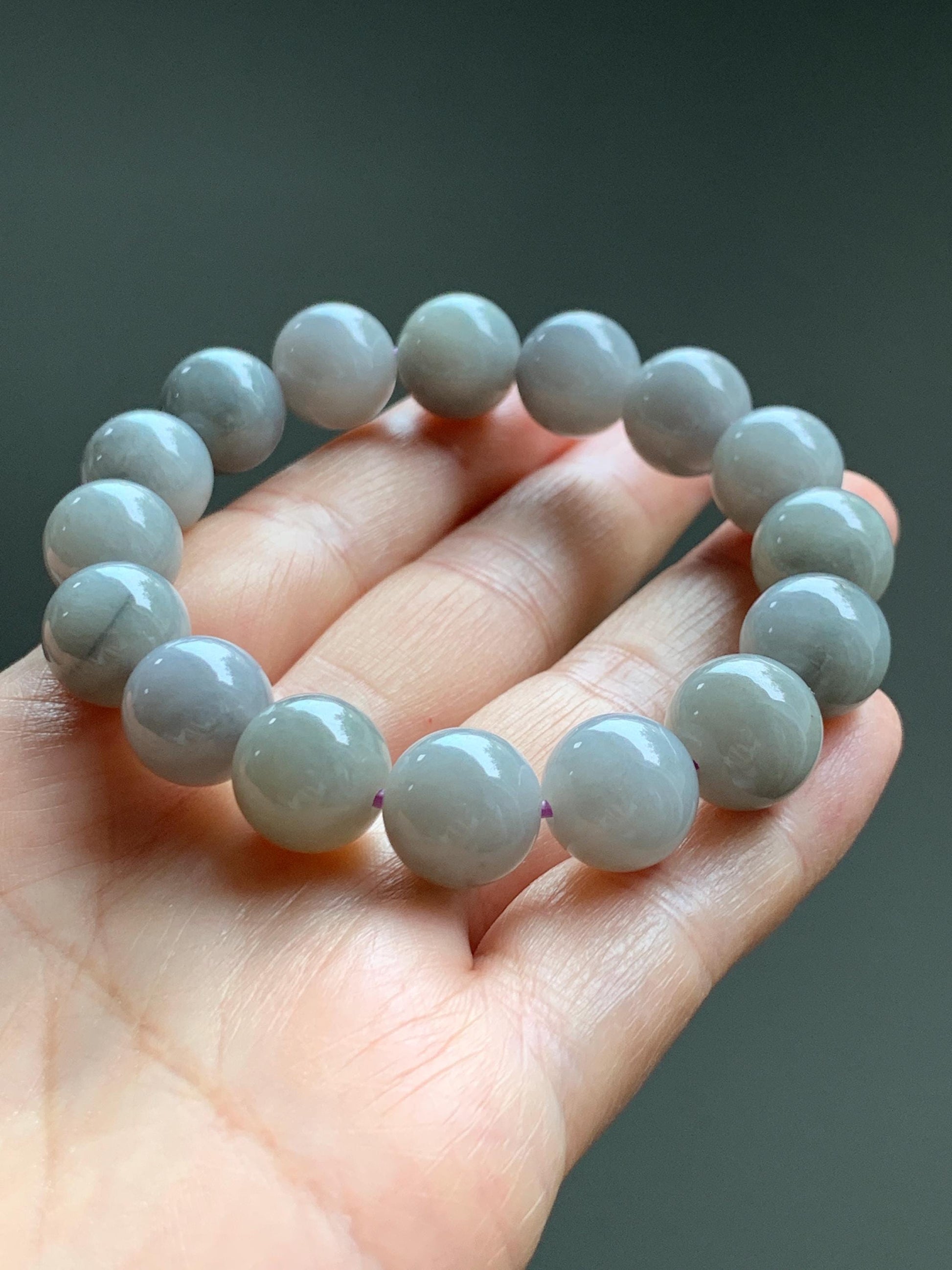 Certified Grade A Natural Icy Translucent Gray Wuji Marbled Jade Jadeite Large Beads Beaded Bracelet 12mm 7" 50.5g 天然大卡糯冰乌鸡翡翠手串 454