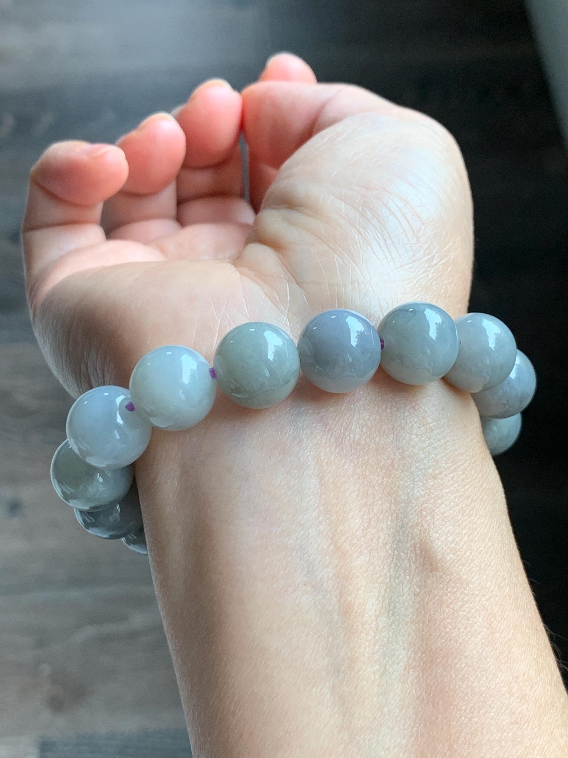 Certified Grade A Natural Icy Translucent Gray Wuji Marbled Jade Jadeite Large Beads Beaded Bracelet 12mm 7" 50.5g 天然大卡糯冰乌鸡翡翠手串 454