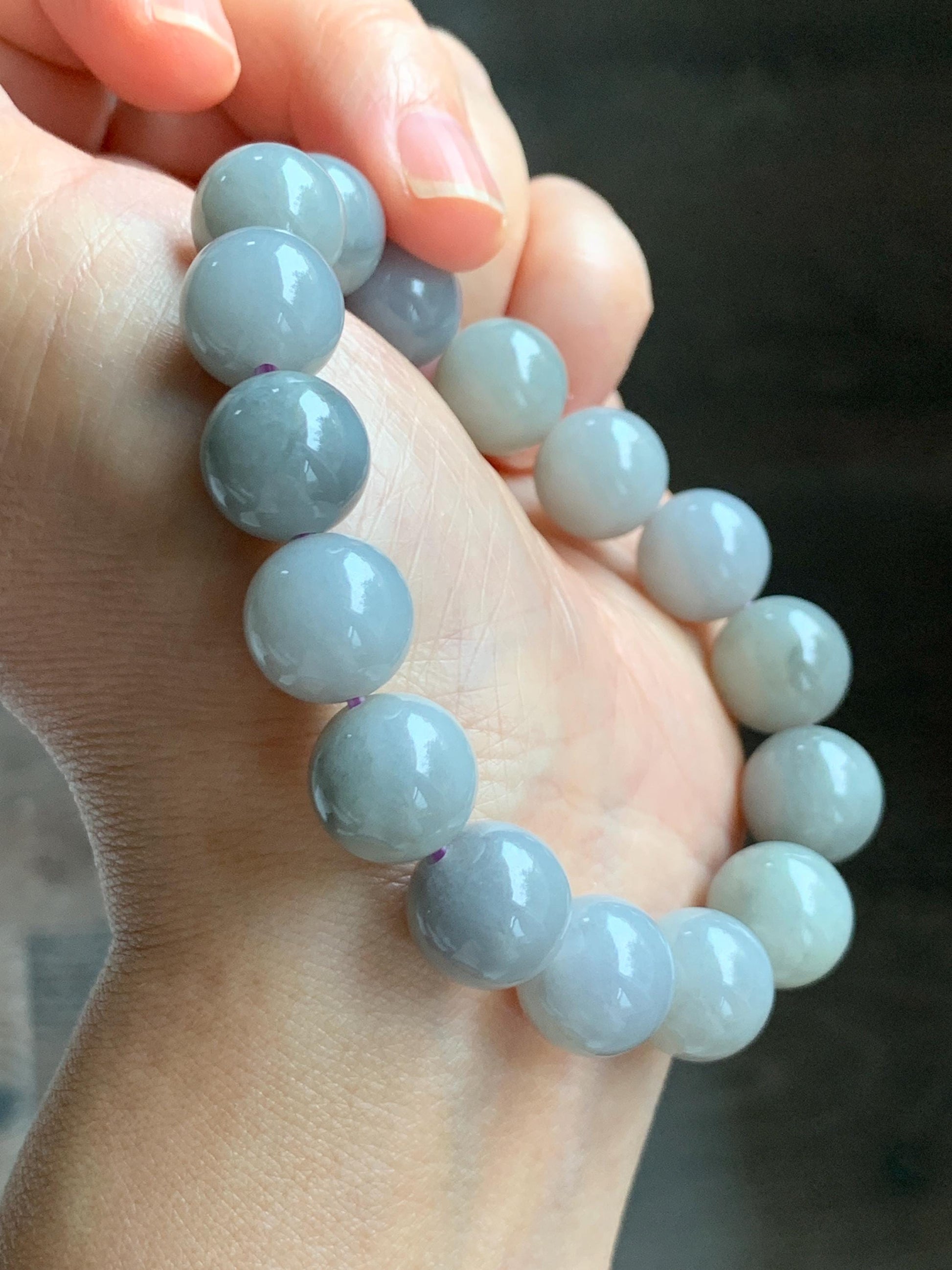 Certified Grade A Natural Icy Translucent Gray Wuji Marbled Jade Jadeite Large Beads Beaded Bracelet 12mm 7" 50.5g 天然大卡糯冰乌鸡翡翠手串 454