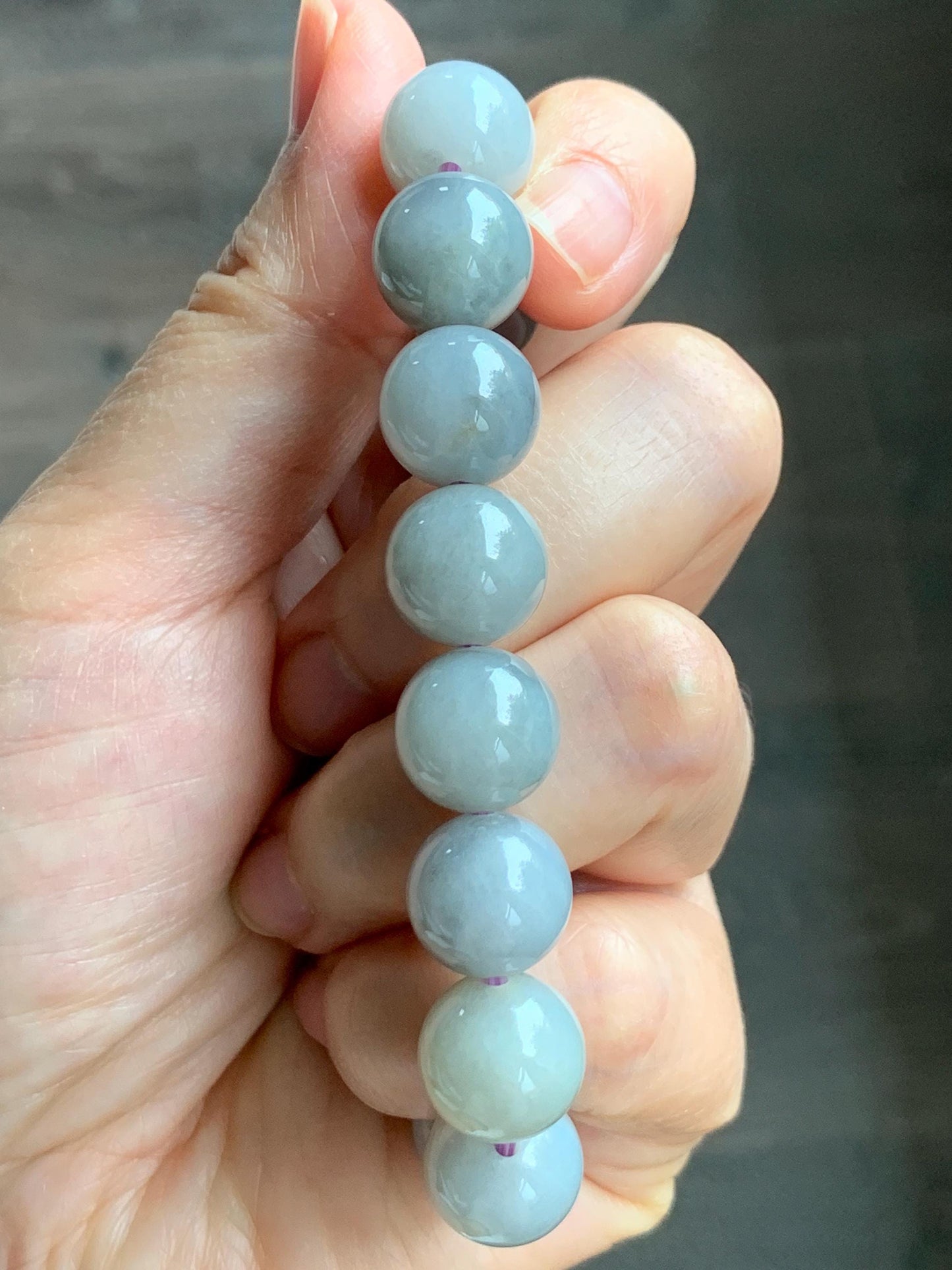 Certified Grade A Natural Icy Translucent Gray Wuji Marbled Jade Jadeite Large Beads Beaded Bracelet 12mm 7" 50.5g 天然大卡糯冰乌鸡翡翠手串 454