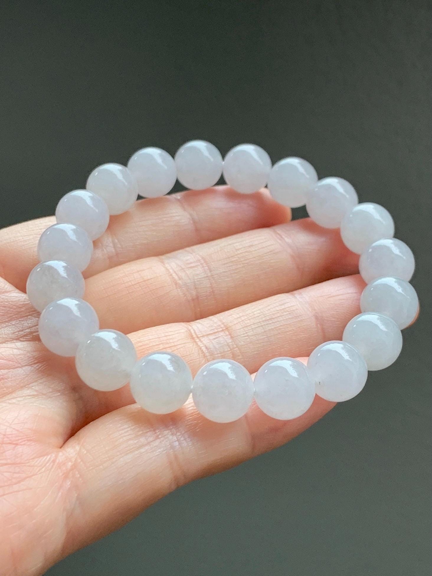 Natural Grade A Icy Highly Translucent Gelatinous Light Gray Jade Jadeite Large Beads Beaded Bracelet 9.8mm 7” 31g 天然冰胶藕粉色翡翠大卡手串 MXH294