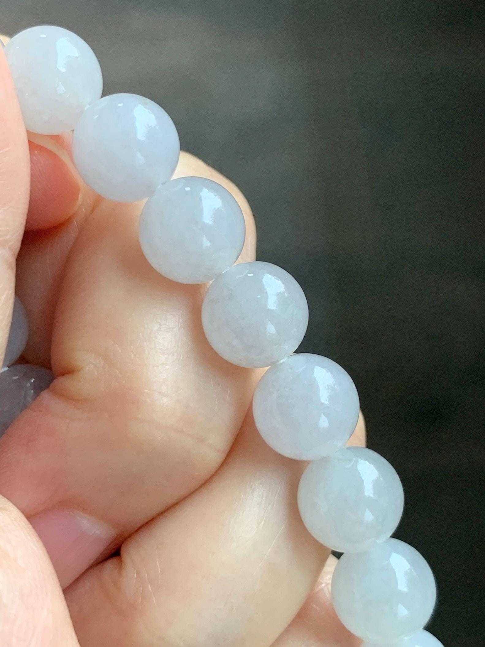 Natural Grade A Icy Highly Translucent Gelatinous Light Gray Jade Jadeite Large Beads Beaded Bracelet 9.8mm 7” 31g 天然冰胶藕粉色翡翠大卡手串 MXH294