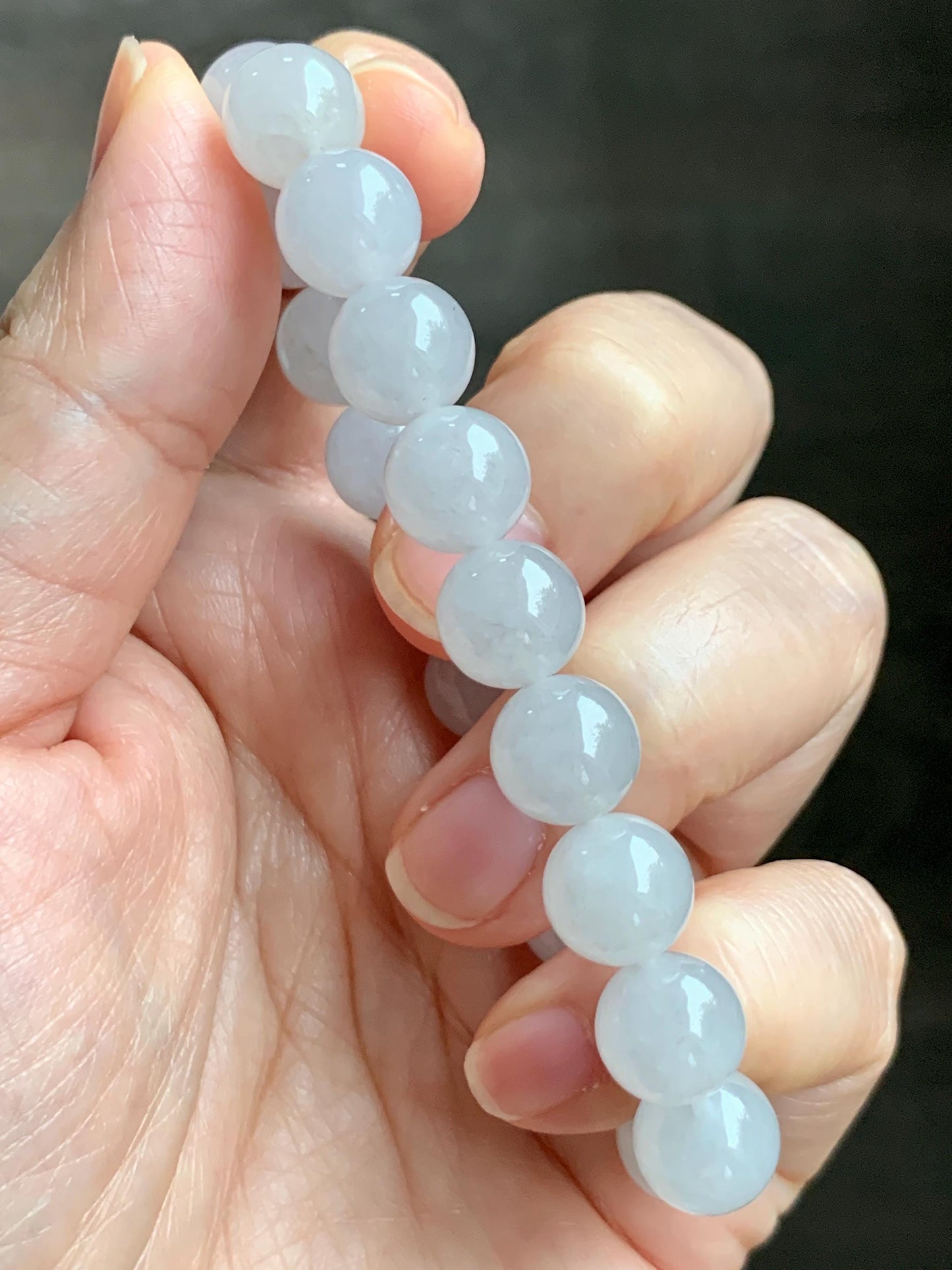 Natural Grade A Icy Highly Translucent Gelatinous Light Gray Jade Jadeite Large Beads Beaded Bracelet 9.8mm 7” 31g 天然冰胶藕粉色翡翠大卡手串 MXH294