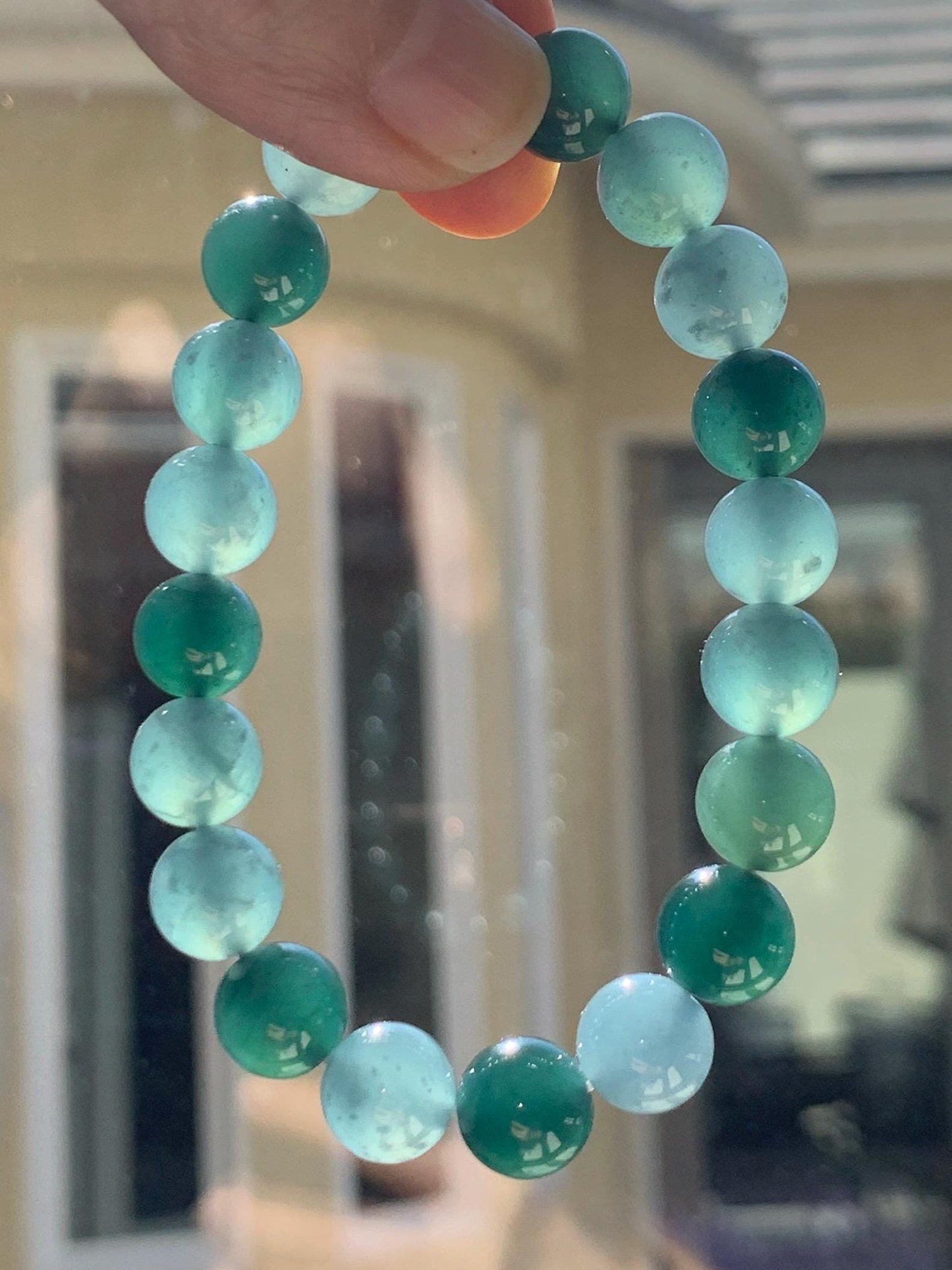 Natural Grade A Guatemalan Icy Translucent Multicolored Teal Jade Jadeite Beaded Bracelet 9.7mm 7” 32g 天然冰危蓝水多宝翡翠手串 WDB330