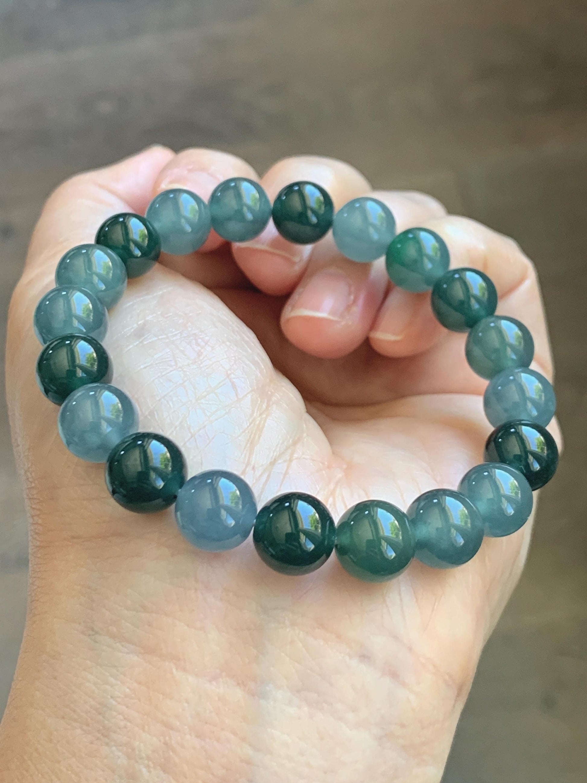 Natural Grade A Guatemalan Icy Translucent Multicolored Teal Jade Jadeite Beaded Bracelet 9.7mm 7” 32g 天然冰危蓝水多宝翡翠手串 WDB330