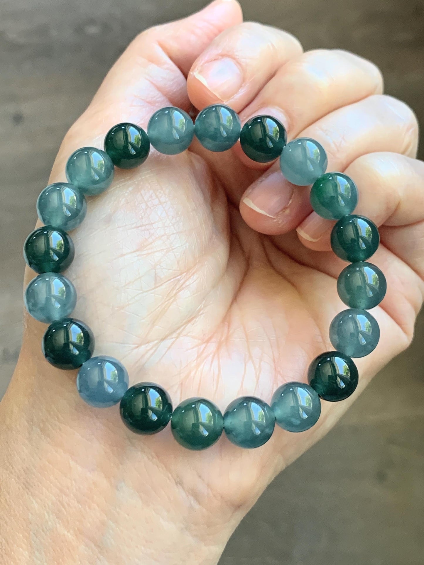Natural Grade A Guatemalan Icy Translucent Multicolored Teal Jade Jadeite Beaded Bracelet 9.7mm 7” 32g 天然冰危蓝水多宝翡翠手串 WDB330