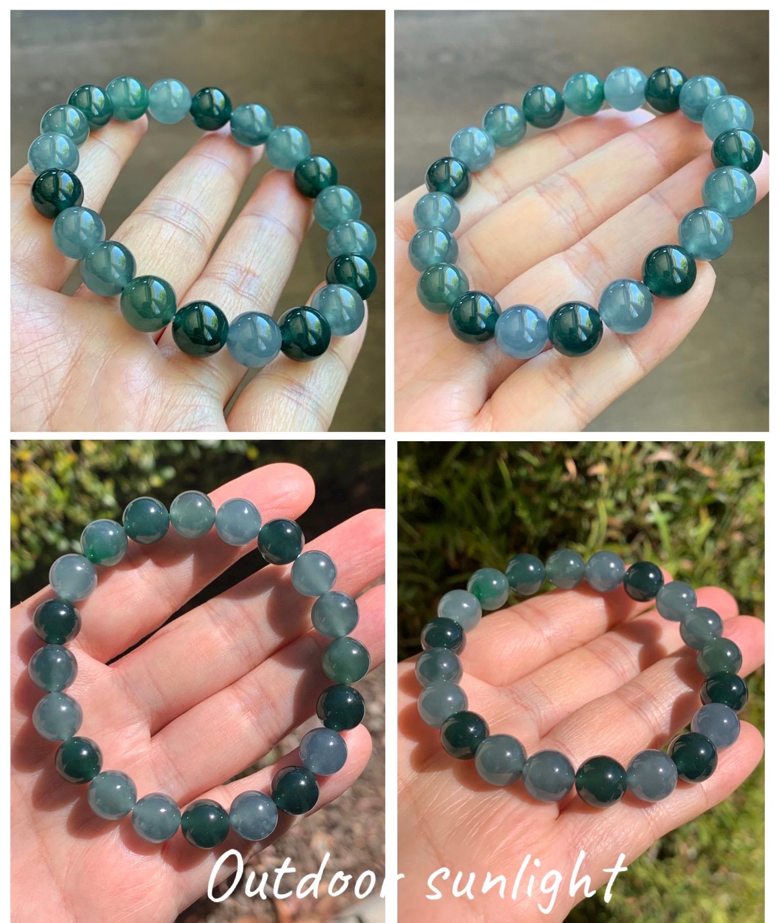 Natural Grade A Guatemalan Icy Translucent Multicolored Teal Jade Jadeite Beaded Bracelet 9.7mm 7” 32g 天然冰危蓝水多宝翡翠手串 WDB330