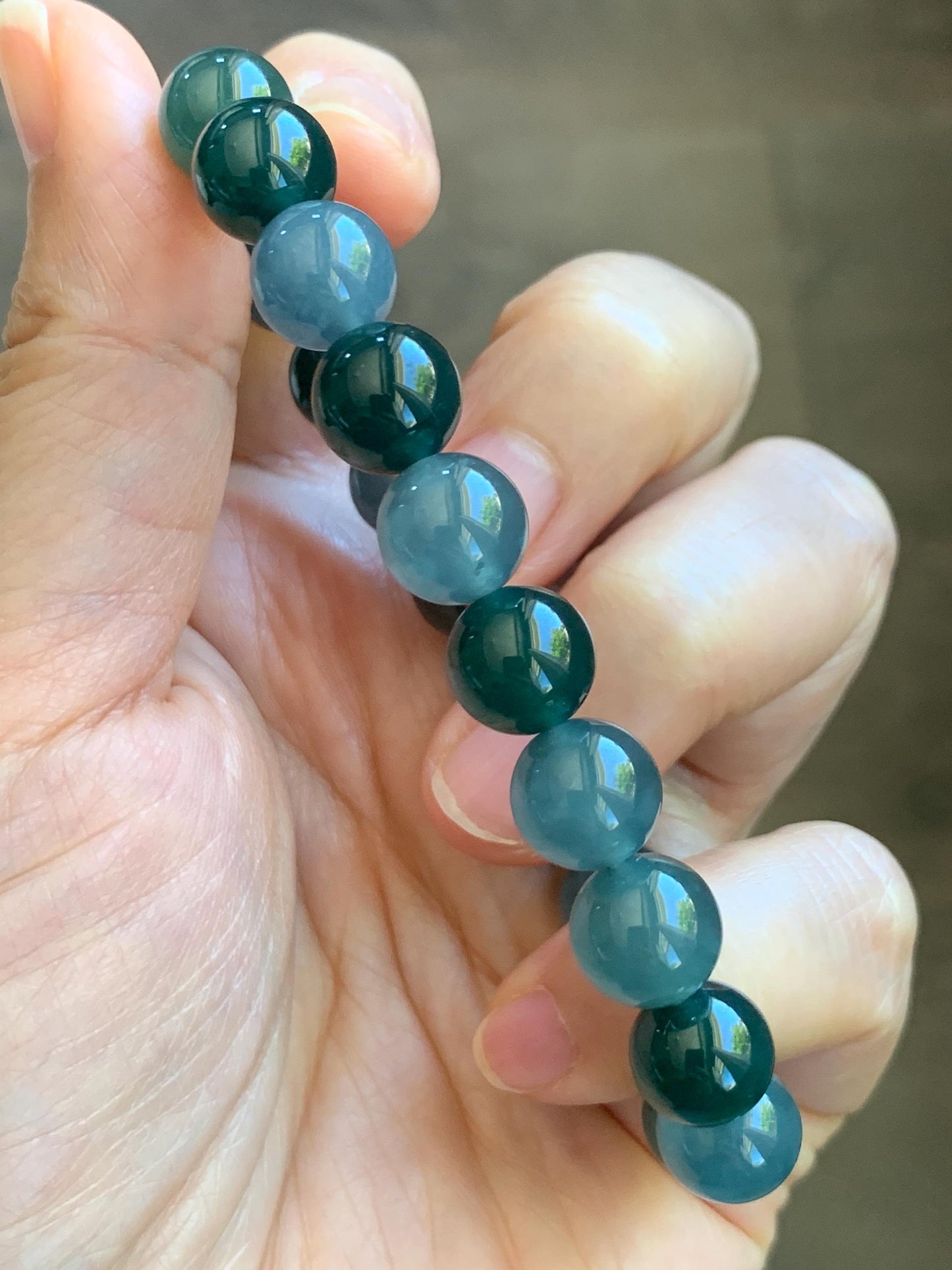 Natural Grade A Guatemalan Icy Translucent Multicolored Teal Jade Jadeite Beaded Bracelet 9.7mm 7” 32g 天然冰危蓝水多宝翡翠手串 WDB330