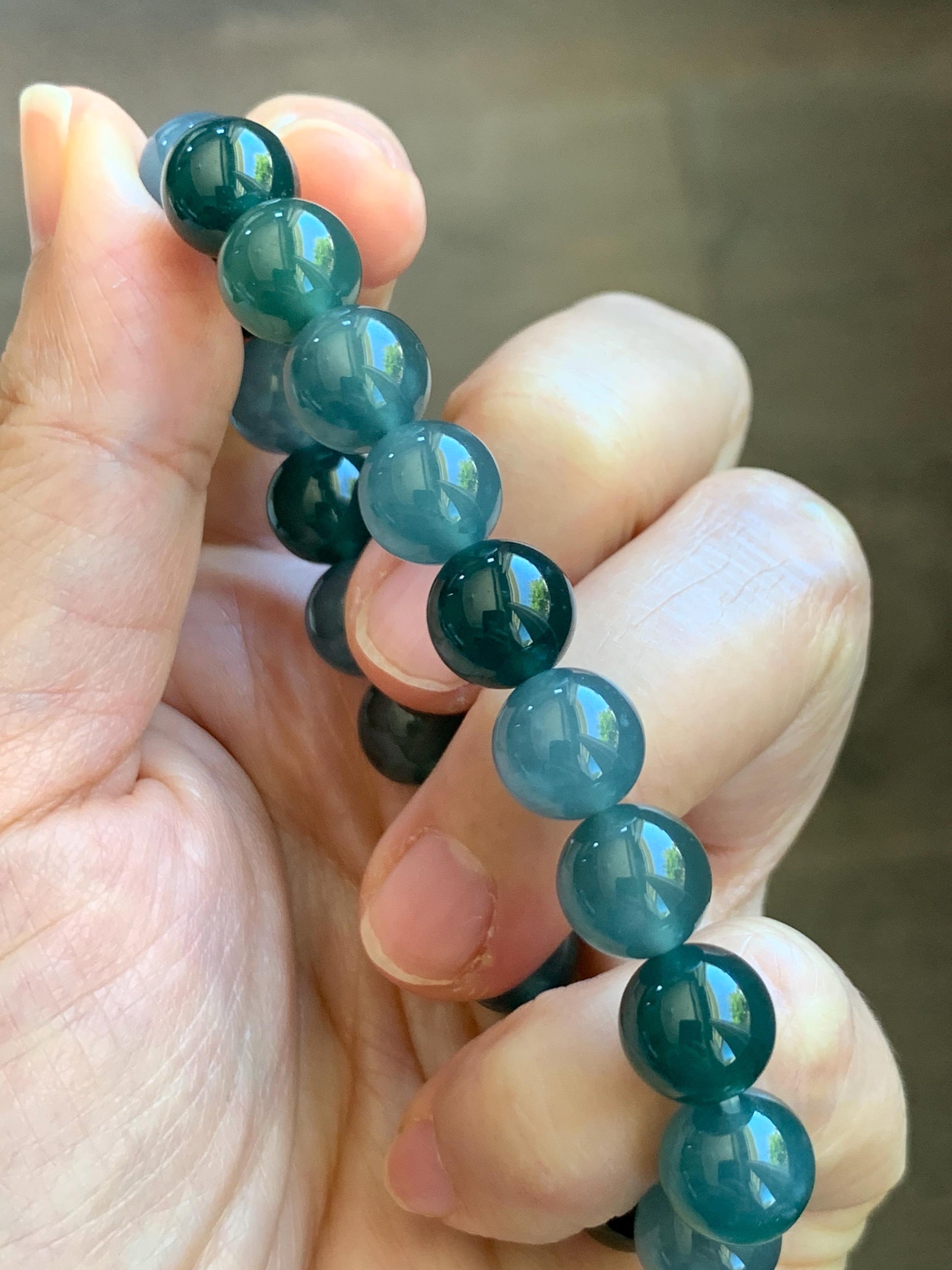 Natural Grade A Guatemalan Icy Translucent Multicolored Teal Jade Jadeite Beaded Bracelet 9.7mm 7” 32g 天然冰危蓝水多宝翡翠手串 WDB330