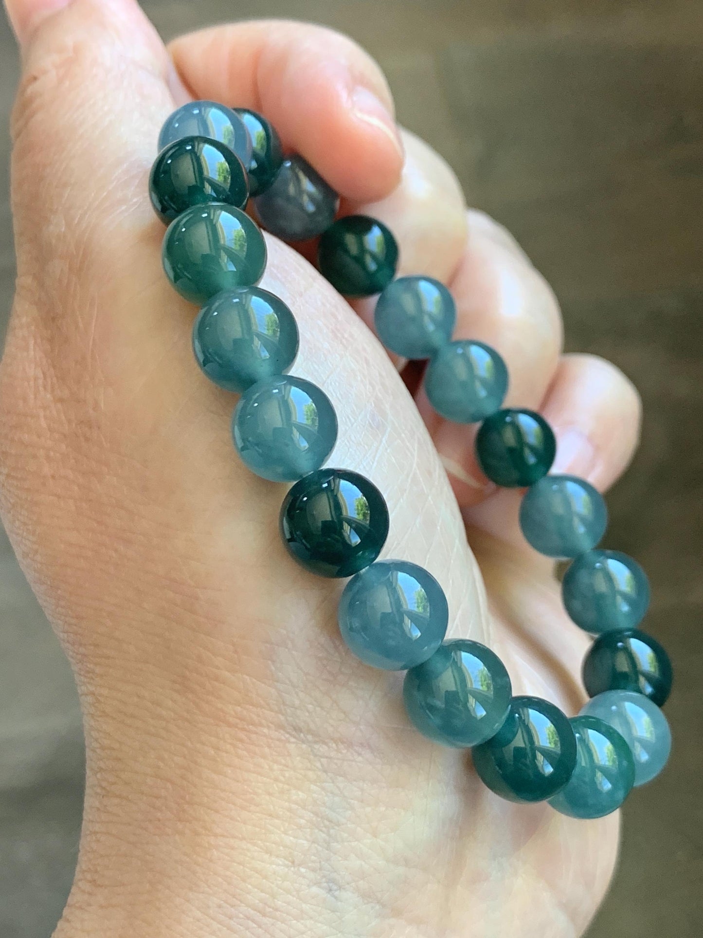 Natural Grade A Guatemalan Icy Translucent Multicolored Teal Jade Jadeite Beaded Bracelet 9.7mm 7” 32g 天然冰危蓝水多宝翡翠手串 WDB330
