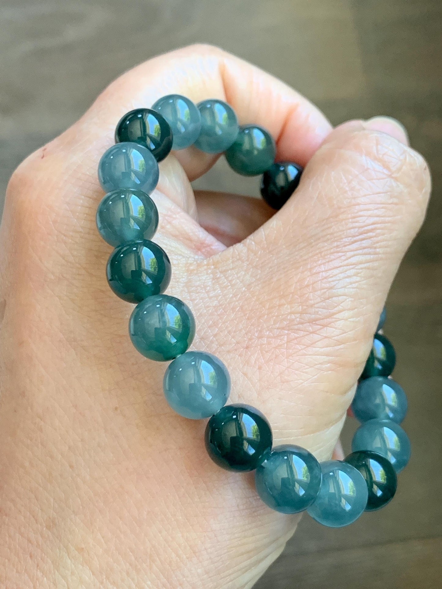 Natural Grade A Guatemalan Icy Translucent Multicolored Teal Jade Jadeite Beaded Bracelet 9.7mm 7” 32g 天然冰危蓝水多宝翡翠手串 WDB330