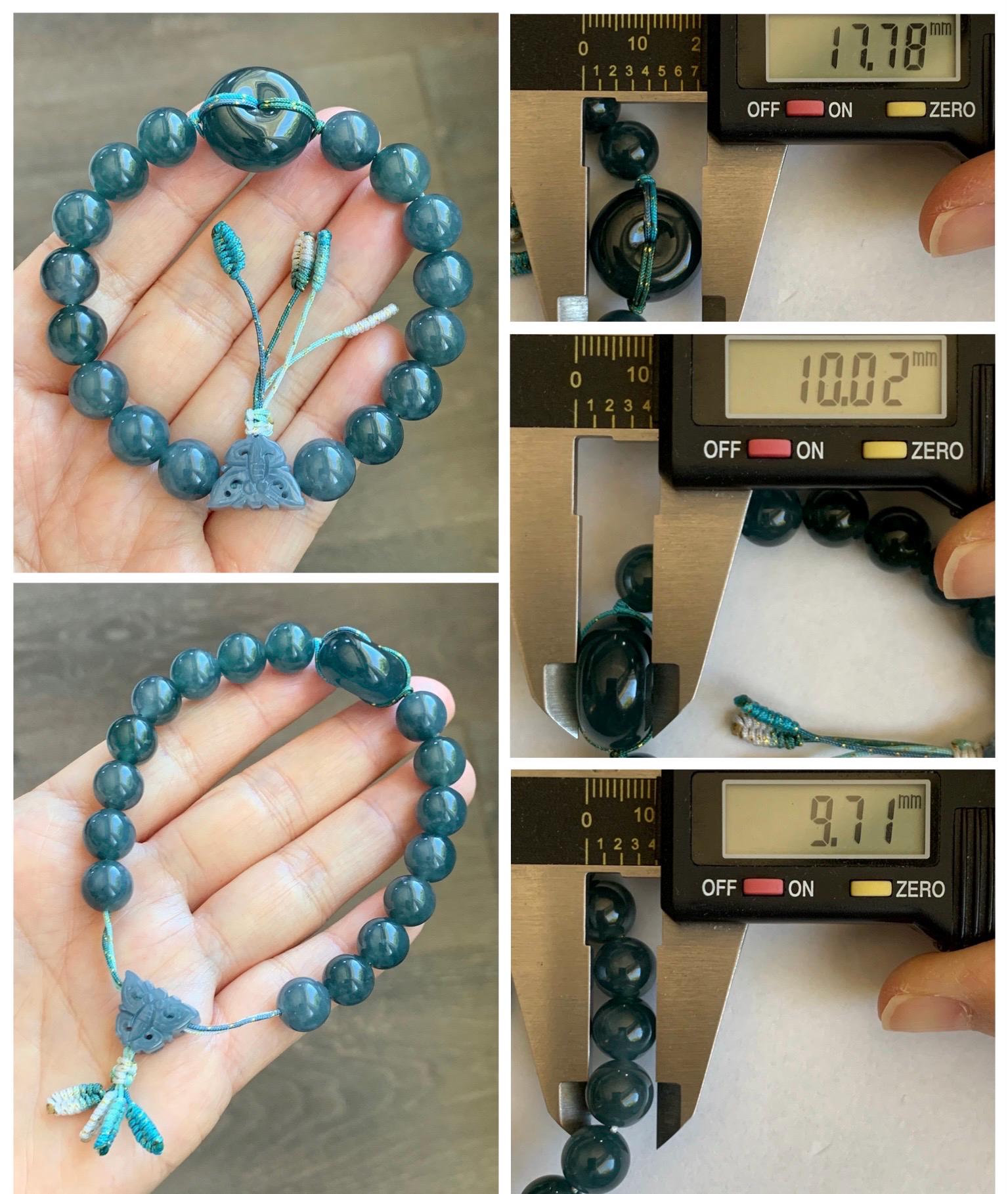 Natural Grade A Guatemalan Icy Translucent Dark Teal Blue Jade Jadeite Ping An Kou Donut Beaded Bracelet 7.25" 36g 天然冰胶危蓝水翡翠厚平安扣圆珠手串 WHK418