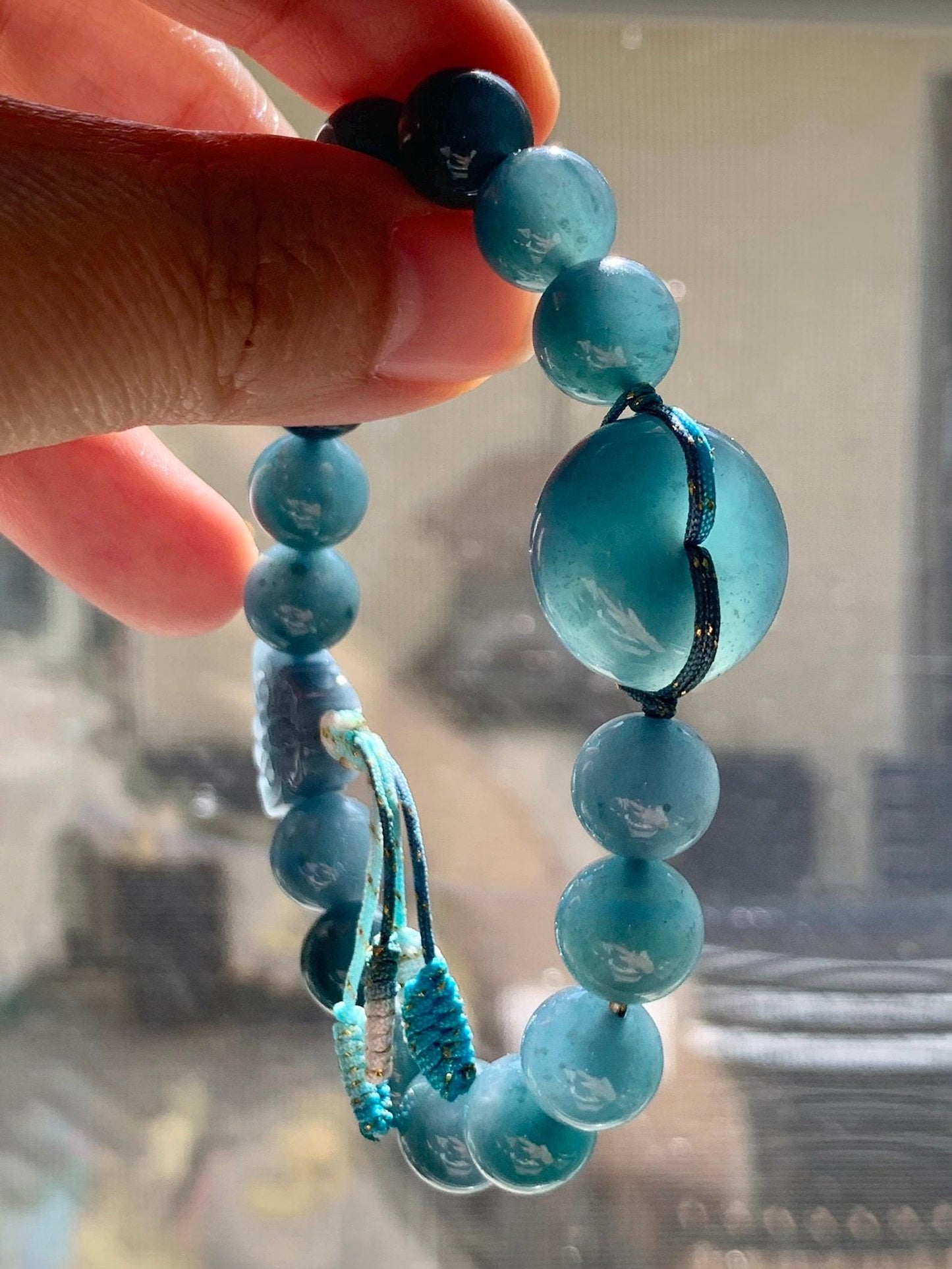 Natural Grade A Guatemalan Icy Translucent Dark Teal Blue Jade Jadeite Ping An Kou Donut Beaded Bracelet 7.25" 36g 天然冰胶危蓝水翡翠厚平安扣圆珠手串 WHK418