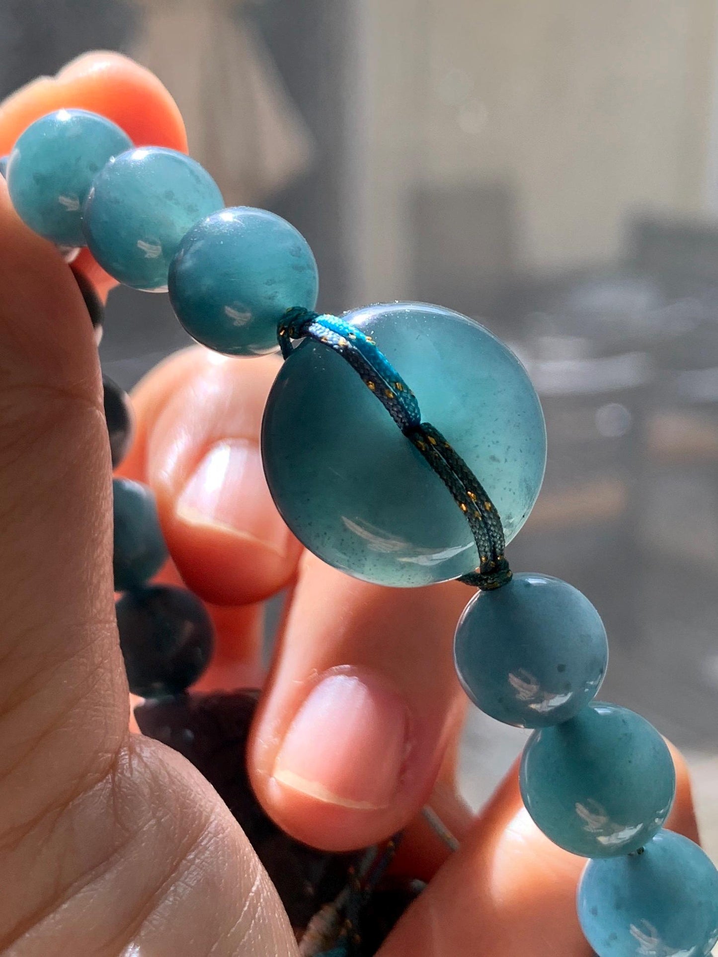 Natural Grade A Guatemalan Icy Translucent Dark Teal Blue Jade Jadeite Ping An Kou Donut Beaded Bracelet 7.25" 36g 天然冰胶危蓝水翡翠厚平安扣圆珠手串 WHK418