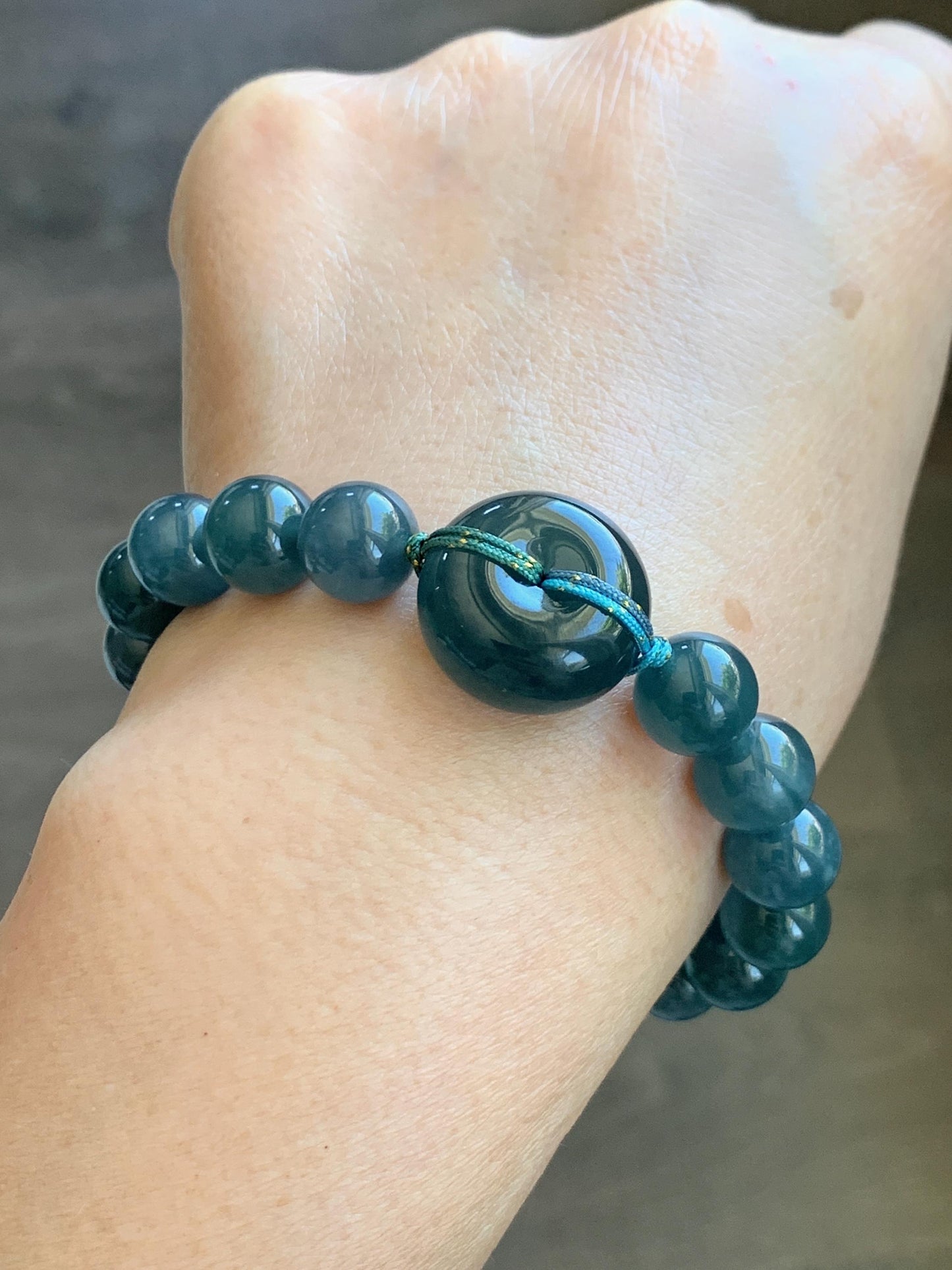 Natural Grade A Guatemalan Icy Translucent Dark Teal Blue Jade Jadeite Ping An Kou Donut Beaded Bracelet 7.25" 36g 天然冰胶危蓝水翡翠厚平安扣圆珠手串 WHK418
