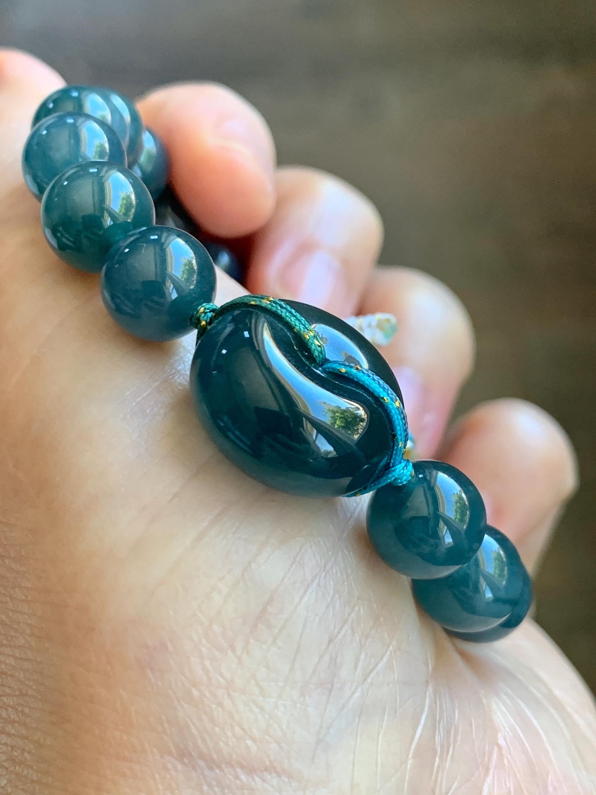 Natural Grade A Guatemalan Icy Translucent Dark Teal Blue Jade Jadeite Ping An Kou Donut Beaded Bracelet 7.25" 36g 天然冰胶危蓝水翡翠厚平安扣圆珠手串 WHK418
