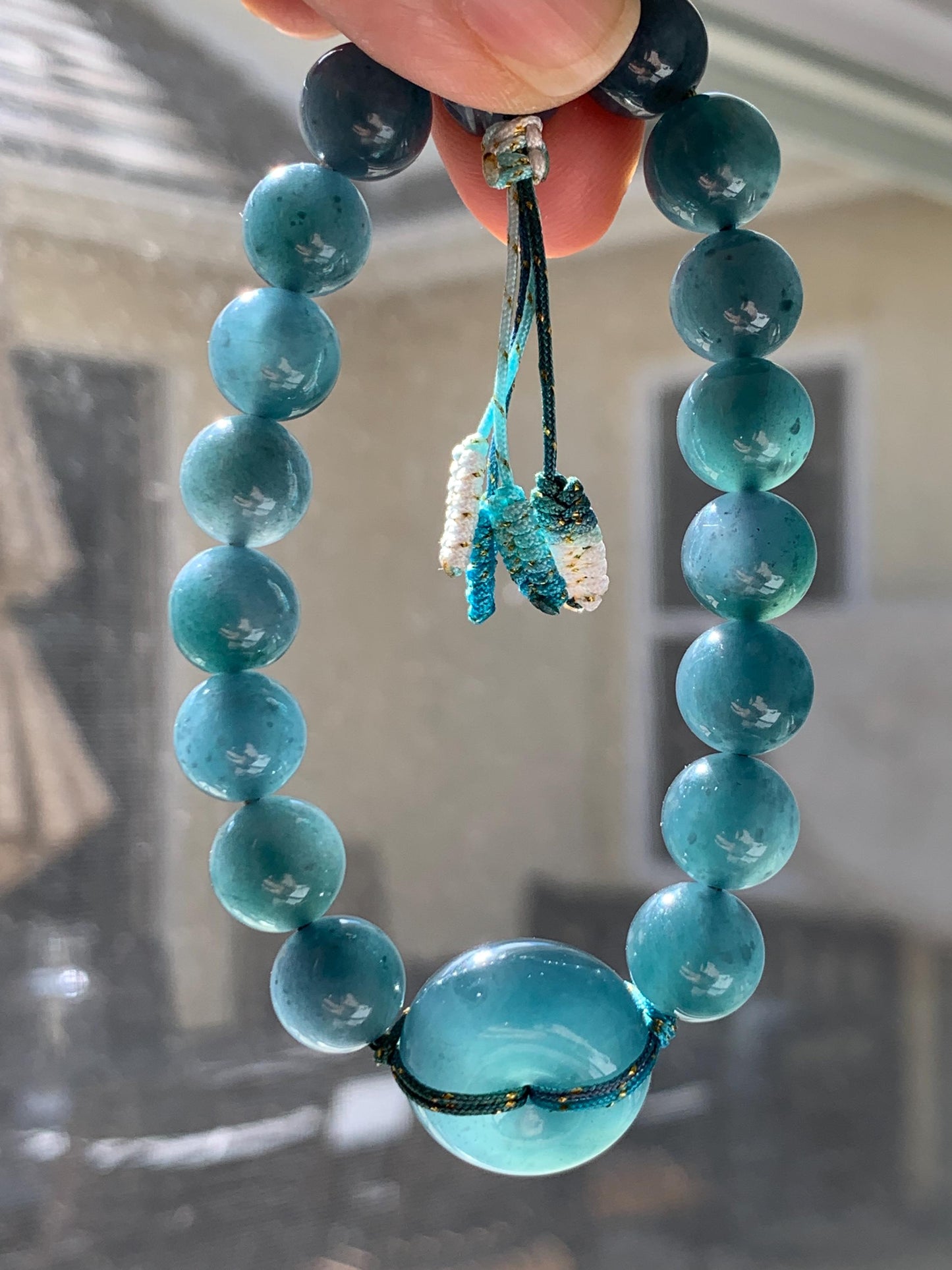 Natural Grade A Guatemalan Icy Translucent Dark Teal Blue Jade Jadeite Ping An Kou Donut Beaded Bracelet 7.25" 36g 天然冰胶危蓝水翡翠厚平安扣圆珠手串 WHK418