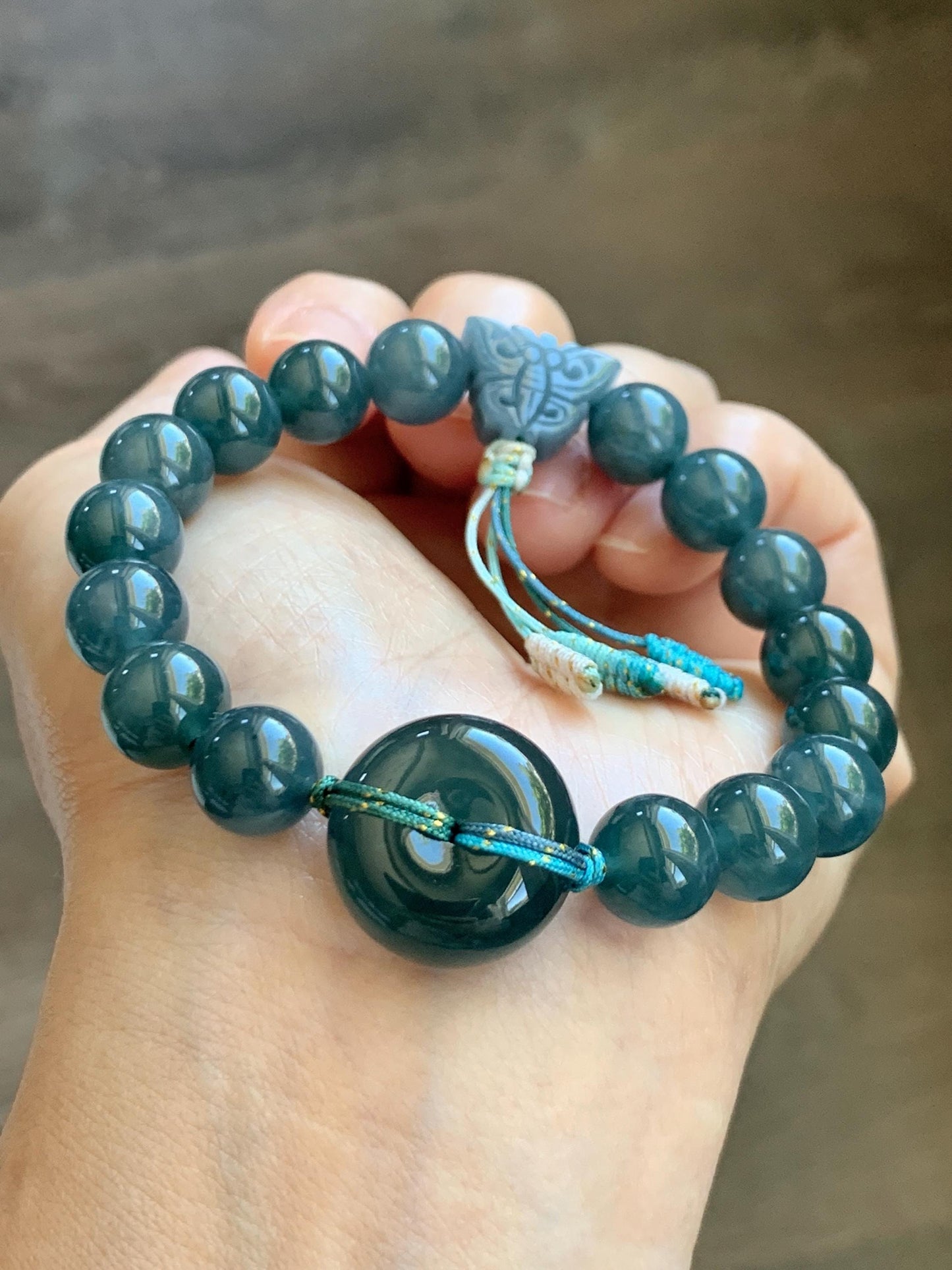 Natural Grade A Guatemalan Icy Translucent Dark Teal Blue Jade Jadeite Ping An Kou Donut Beaded Bracelet 7.25" 36g 天然冰胶危蓝水翡翠厚平安扣圆珠手串 WHK418
