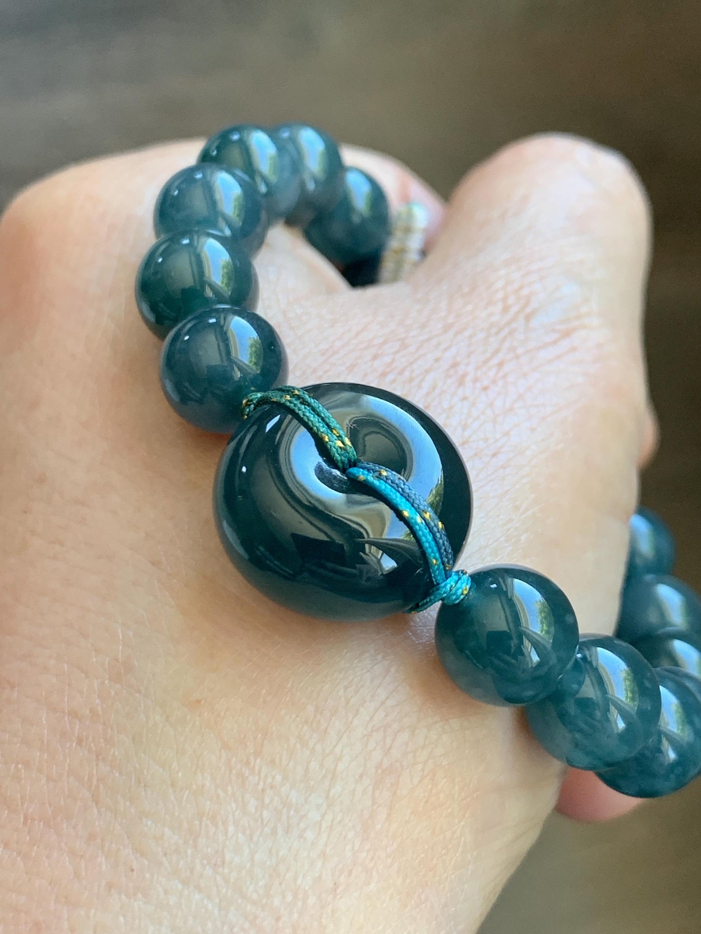 Natural Grade A Guatemalan Icy Translucent Dark Teal Blue Jade Jadeite Ping An Kou Donut Beaded Bracelet 7.25" 36g 天然冰胶危蓝水翡翠厚平安扣圆珠手串 WHK418