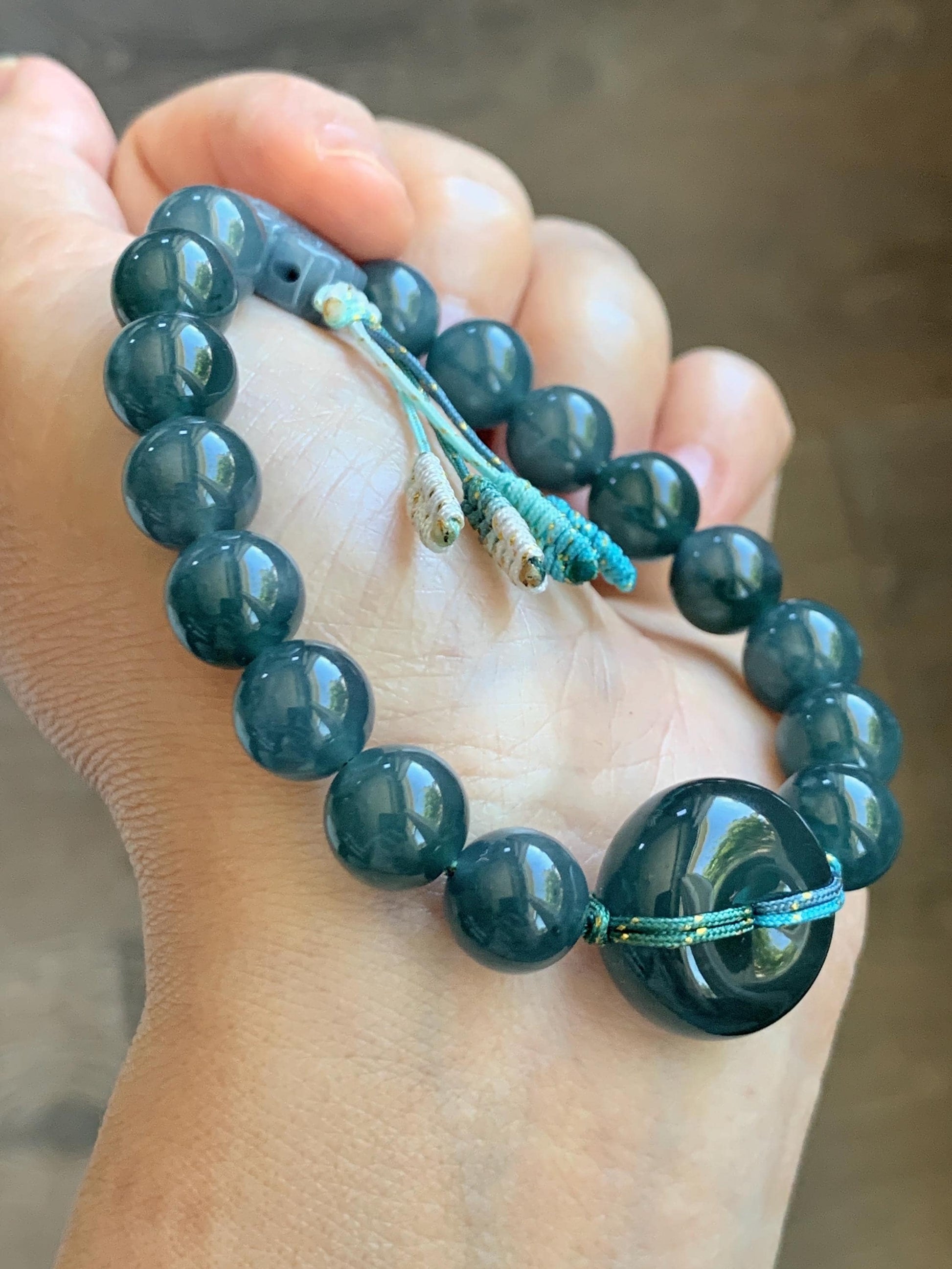 Natural Grade A Guatemalan Icy Translucent Dark Teal Blue Jade Jadeite Ping An Kou Donut Beaded Bracelet 7.25" 36g 天然冰胶危蓝水翡翠厚平安扣圆珠手串 WHK418