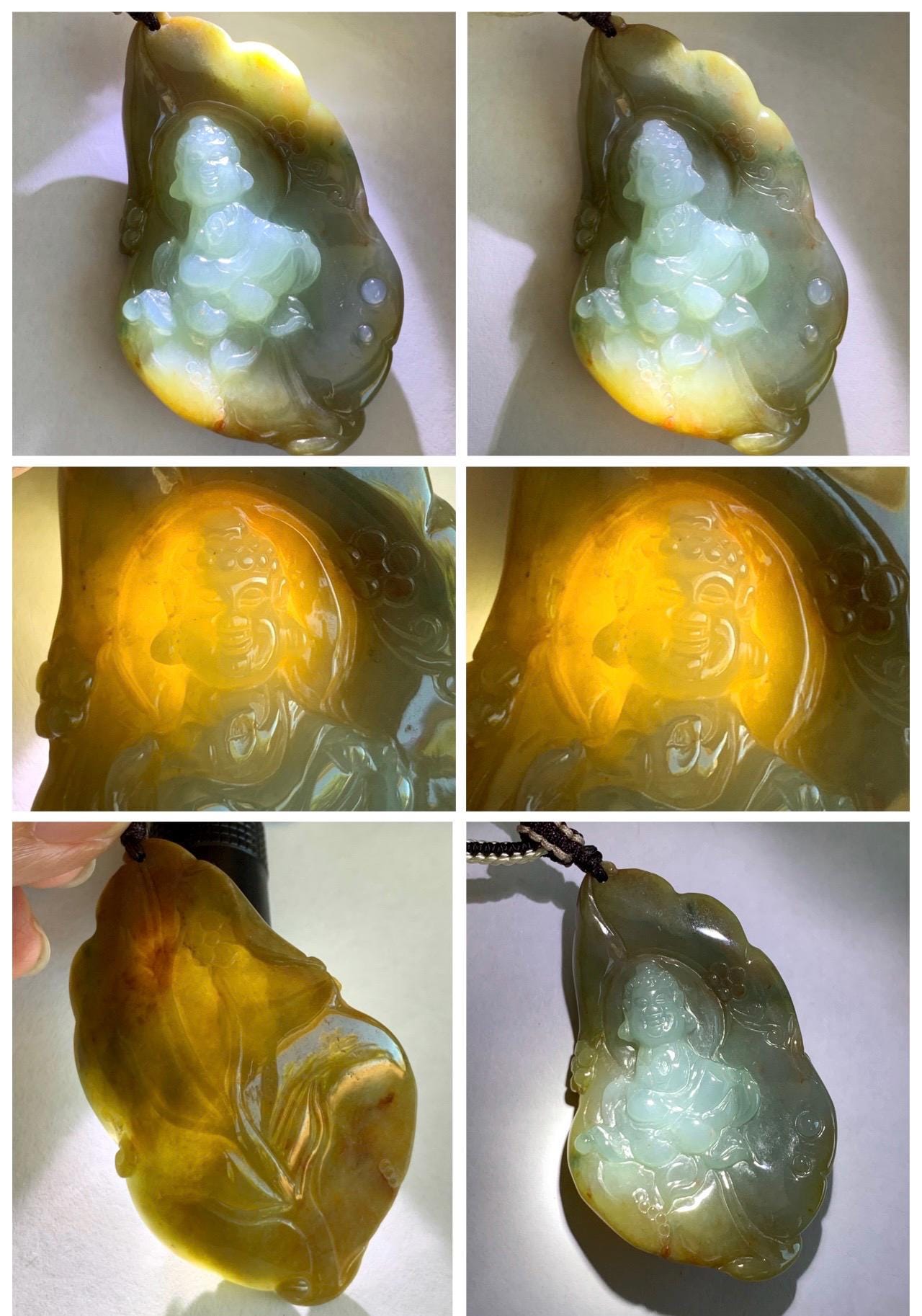 Certified Natural Grade A Icy Dusty Blue Brown Red Jade Jadeite w/ Rind Bodhisattva on Lotus Pendant Rope Necklace 天然冰胶蓝黄皮壳翡翠莲花菩萨吊坠 103