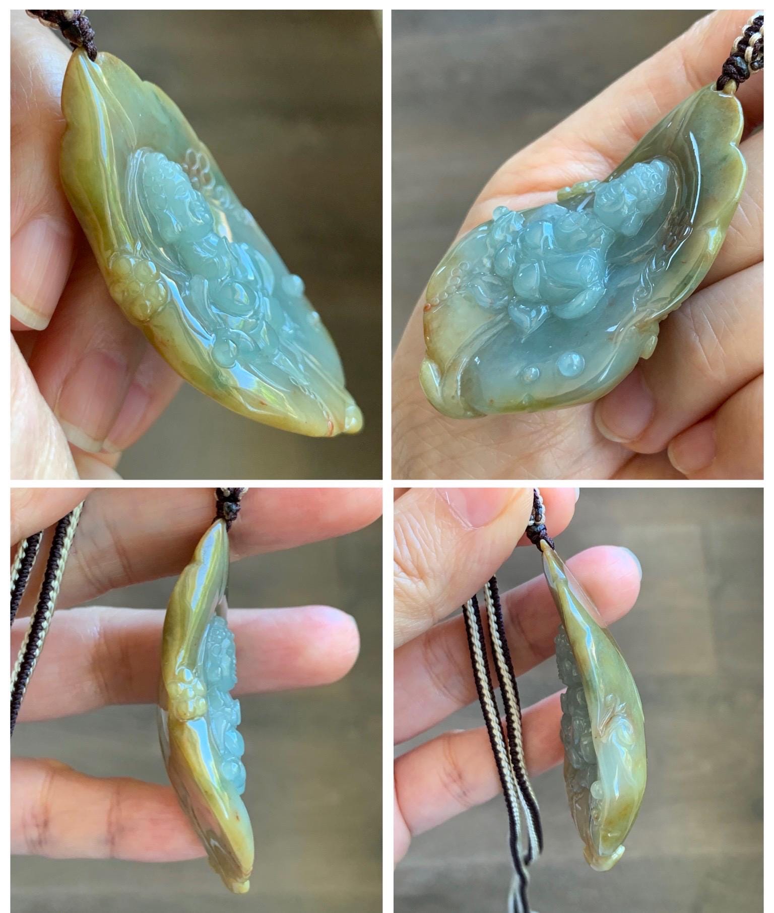 Certified Natural Grade A Icy Dusty Blue Brown Red Jade Jadeite w/ Rind Bodhisattva on Lotus Pendant Rope Necklace 天然冰胶蓝黄皮壳翡翠莲花菩萨吊坠 103