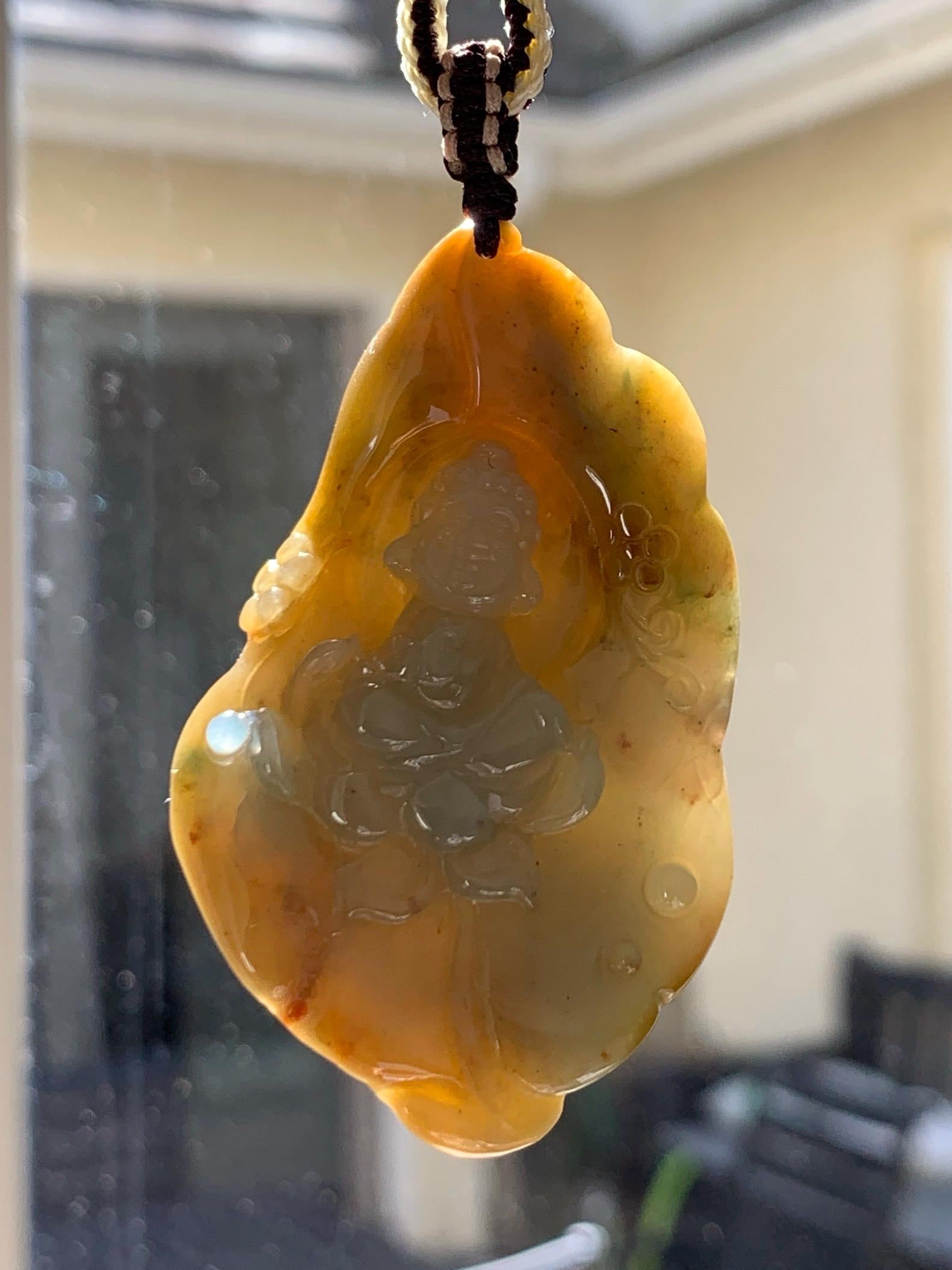 Certified Natural Grade A Icy Dusty Blue Brown Red Jade Jadeite w/ Rind Bodhisattva on Lotus Pendant Rope Necklace 天然冰胶蓝黄皮壳翡翠莲花菩萨吊坠 103
