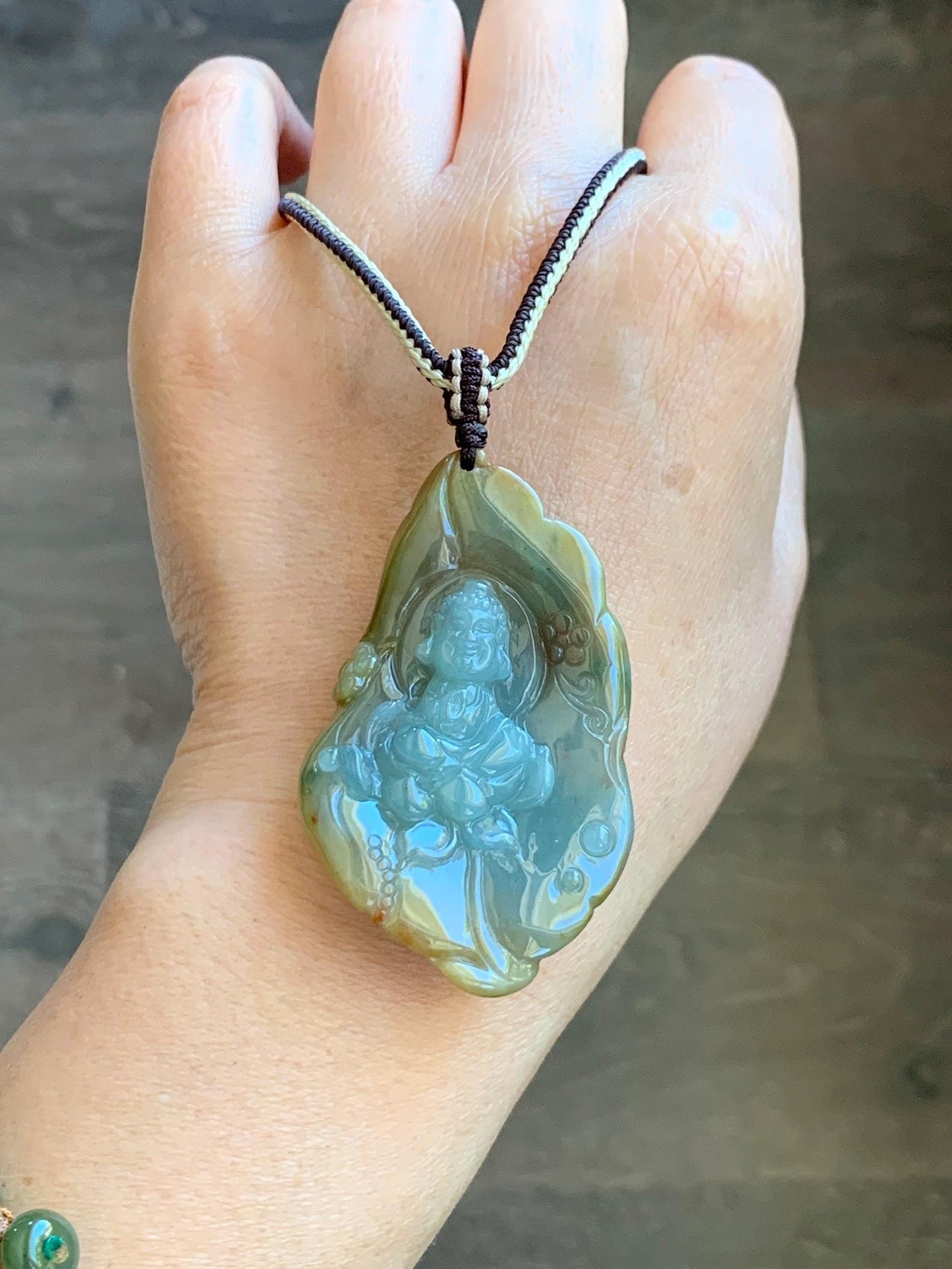 Certified Natural Grade A Icy Dusty Blue Brown Red Jade Jadeite w/ Rind Bodhisattva on Lotus Pendant Rope Necklace 天然冰胶蓝黄皮壳翡翠莲花菩萨吊坠 103