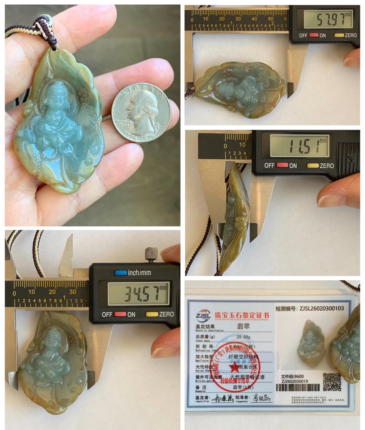 Certified Natural Grade A Icy Dusty Blue Brown Red Jade Jadeite w/ Rind Bodhisattva on Lotus Pendant Rope Necklace 天然冰胶蓝黄皮壳翡翠莲花菩萨吊坠 103