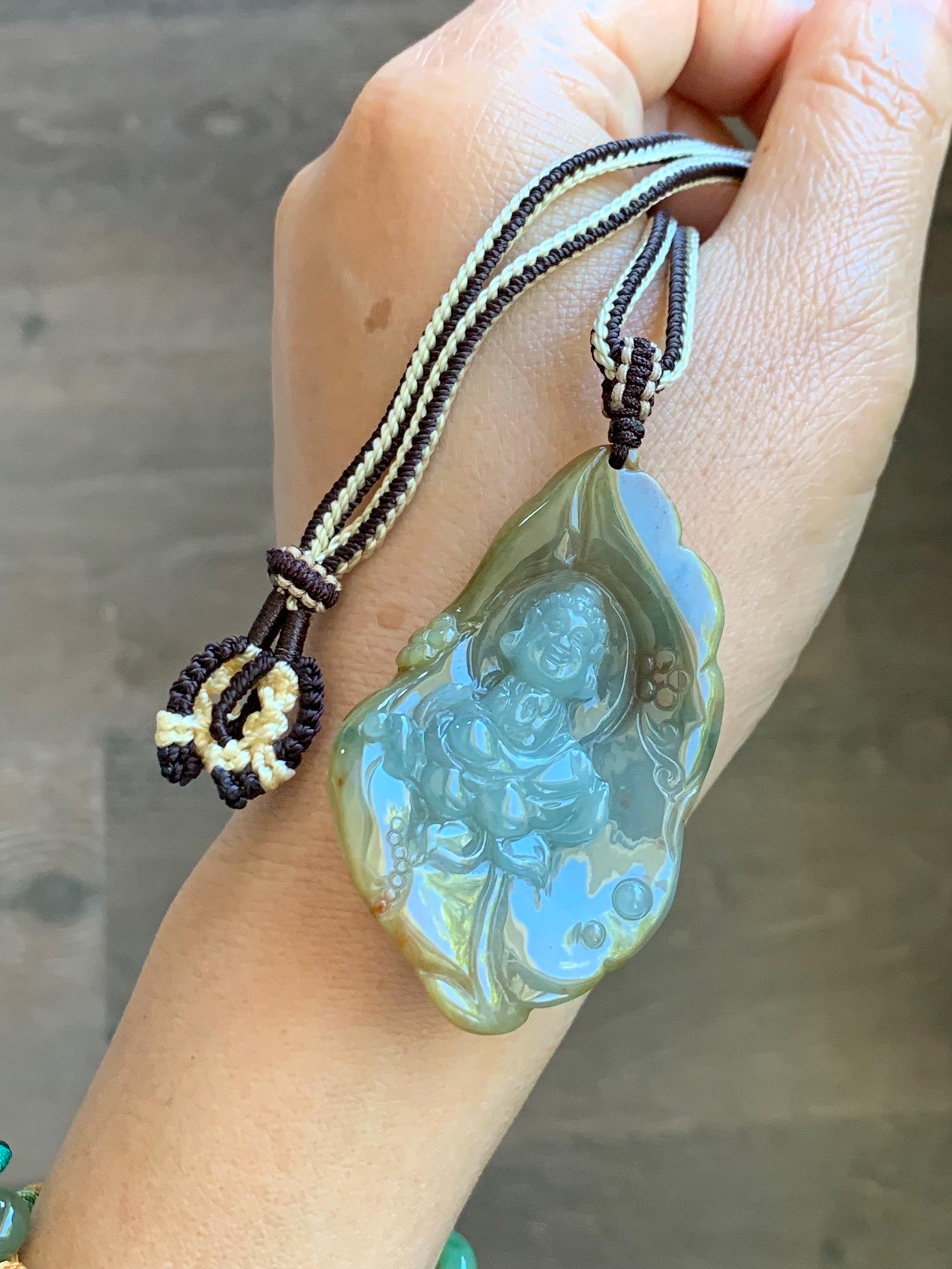 Certified Natural Grade A Icy Dusty Blue Brown Red Jade Jadeite w/ Rind Bodhisattva on Lotus Pendant Rope Necklace 天然冰胶蓝黄皮壳翡翠莲花菩萨吊坠 103