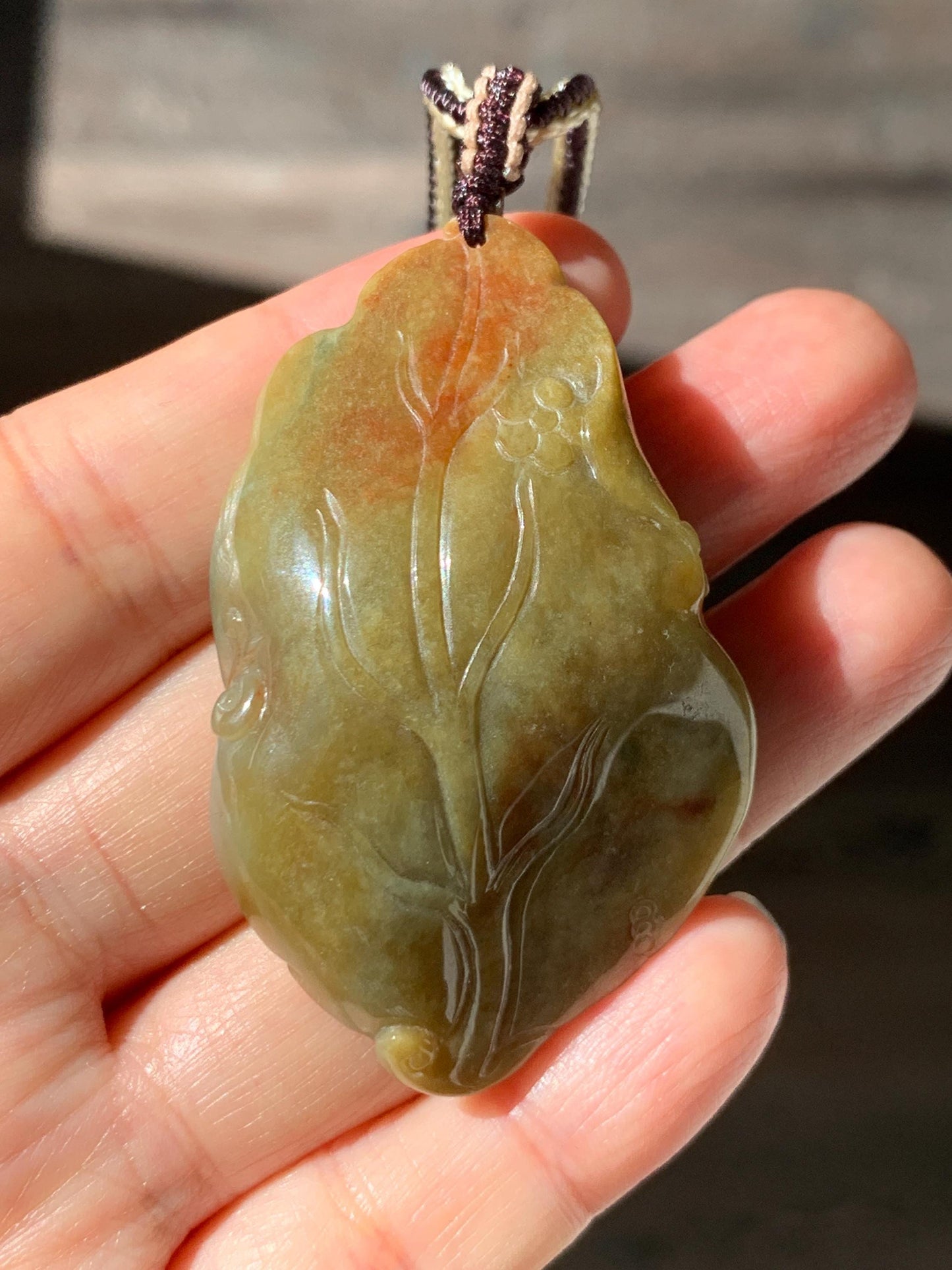 Certified Natural Grade A Icy Dusty Blue Brown Red Jade Jadeite w/ Rind Bodhisattva on Lotus Pendant Rope Necklace 天然冰胶蓝黄皮壳翡翠莲花菩萨吊坠 103