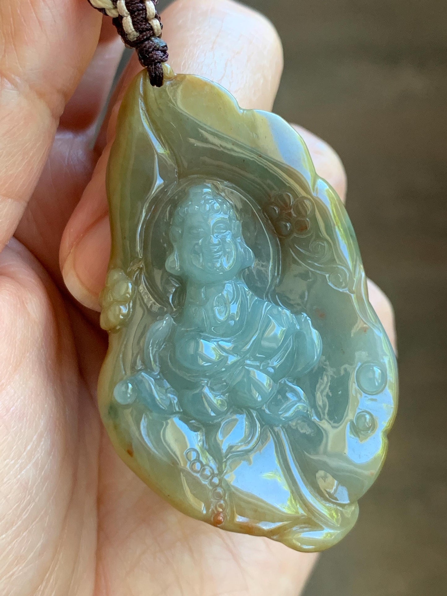 Certified Natural Grade A Icy Dusty Blue Brown Red Jade Jadeite w/ Rind Bodhisattva on Lotus Pendant Rope Necklace 天然冰胶蓝黄皮壳翡翠莲花菩萨吊坠 103