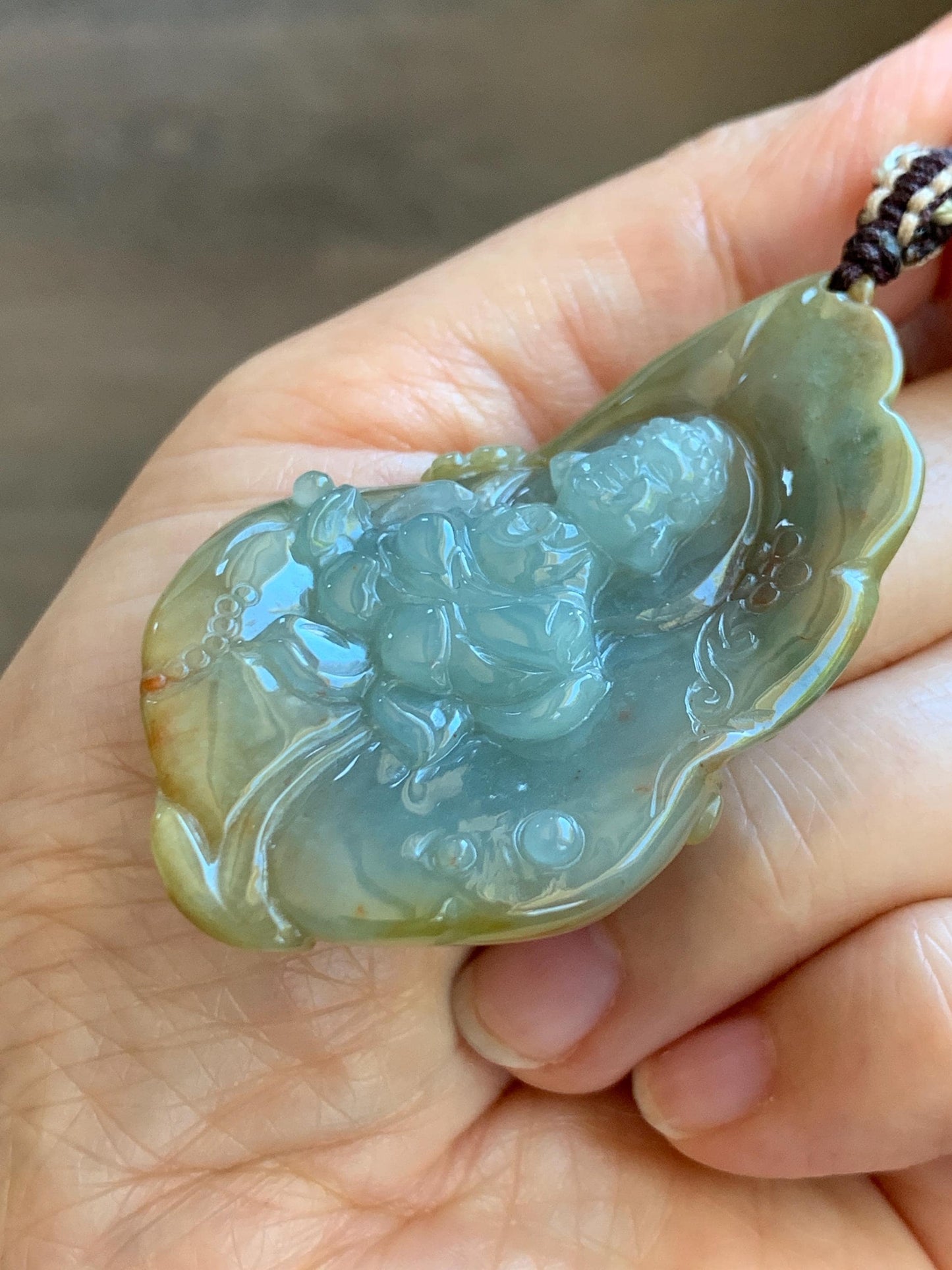 Certified Natural Grade A Icy Dusty Blue Brown Red Jade Jadeite w/ Rind Bodhisattva on Lotus Pendant Rope Necklace 天然冰胶蓝黄皮壳翡翠莲花菩萨吊坠 103