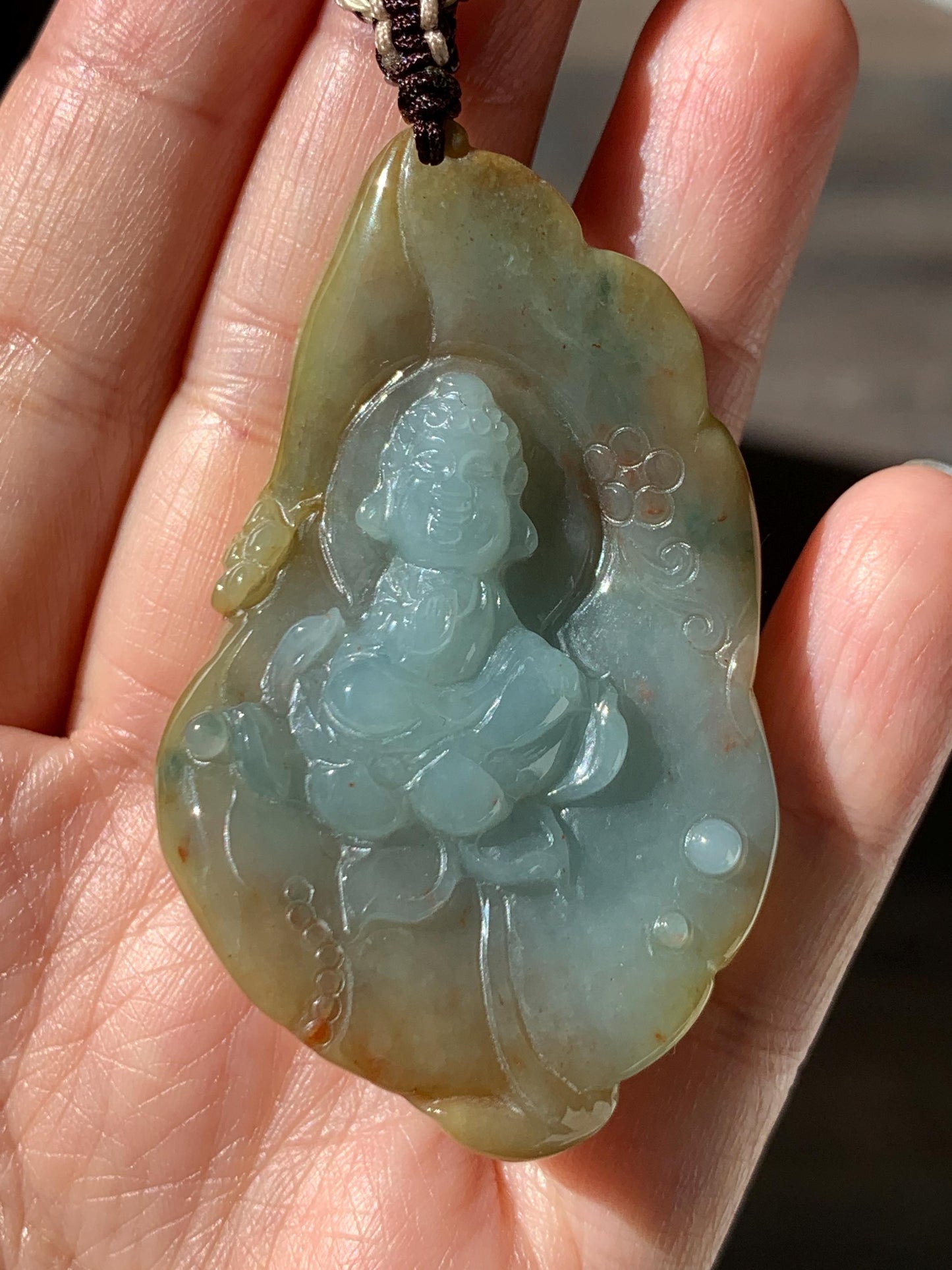 Certified Natural Grade A Icy Dusty Blue Brown Red Jade Jadeite w/ Rind Bodhisattva on Lotus Pendant Rope Necklace 天然冰胶蓝黄皮壳翡翠莲花菩萨吊坠 103