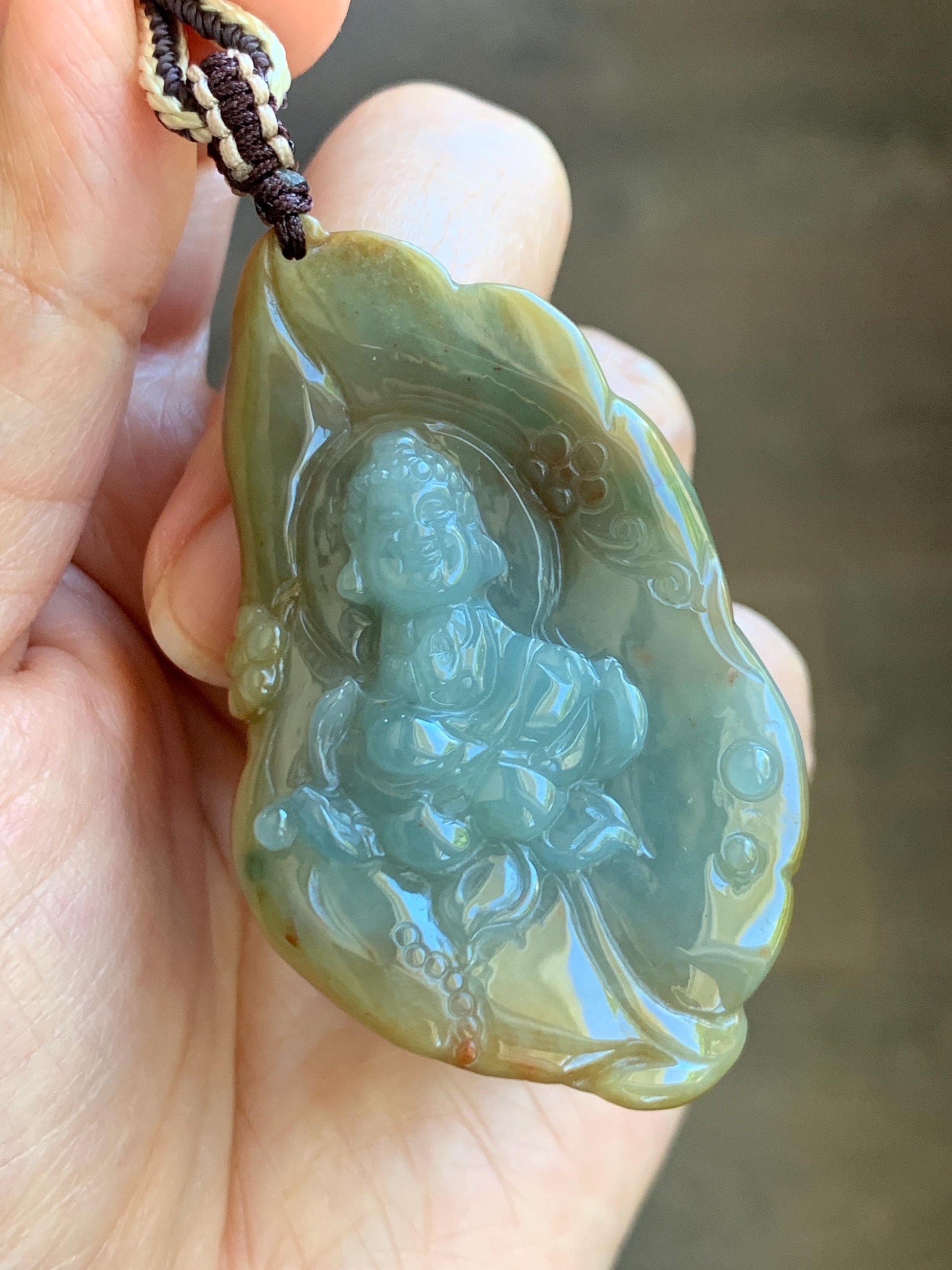 Certified Natural Grade A Icy Dusty Blue Brown Red Jade Jadeite w/ Rind Bodhisattva on Lotus Pendant Rope Necklace 天然冰胶蓝黄皮壳翡翠莲花菩萨吊坠 103