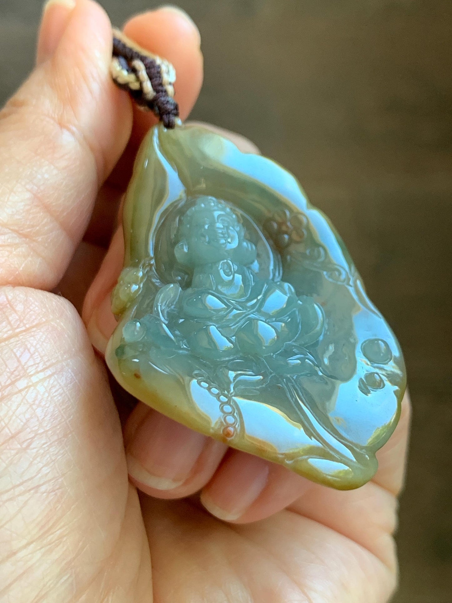 Certified Natural Grade A Icy Dusty Blue Brown Red Jade Jadeite w/ Rind Bodhisattva on Lotus Pendant Rope Necklace 天然冰胶蓝黄皮壳翡翠莲花菩萨吊坠 103