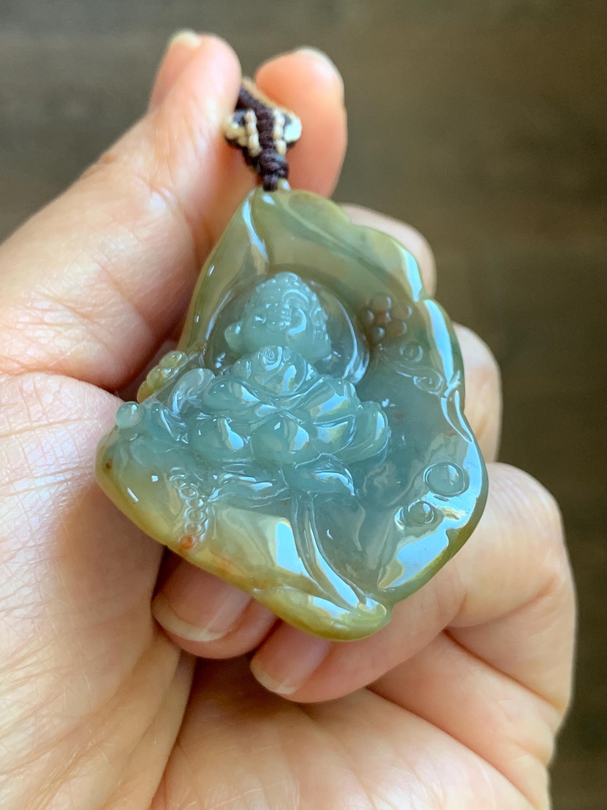 Certified Natural Grade A Icy Dusty Blue Brown Red Jade Jadeite w/ Rind Bodhisattva on Lotus Pendant Rope Necklace 天然冰胶蓝黄皮壳翡翠莲花菩萨吊坠 103