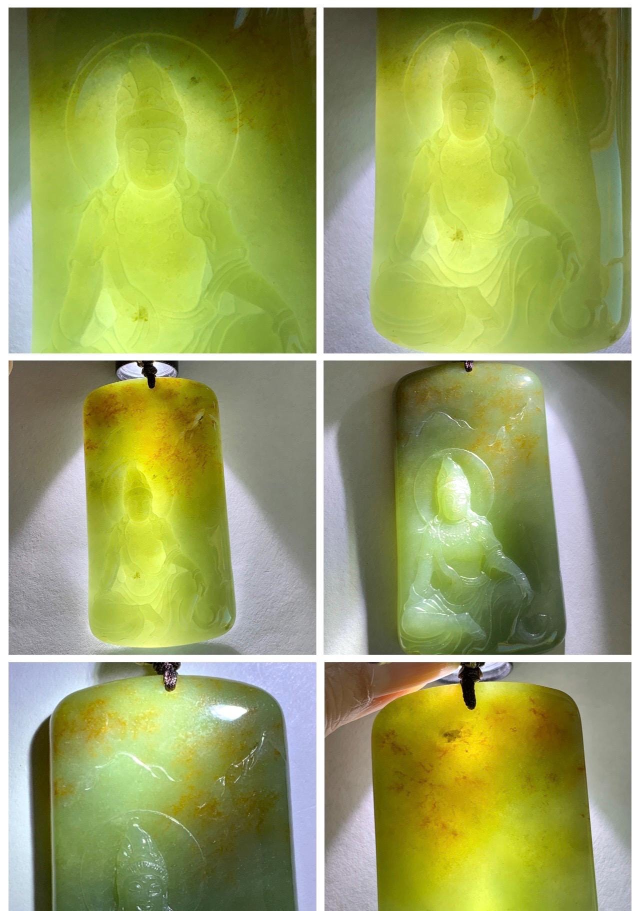 Certified Natural Grade A Icy Translucent Dusty Green Red Marbled Jade Jadeite Bodhisattva Pendant Rope Necklace 天然冰暗绿飘红翡翠山水菩萨吊坠 102