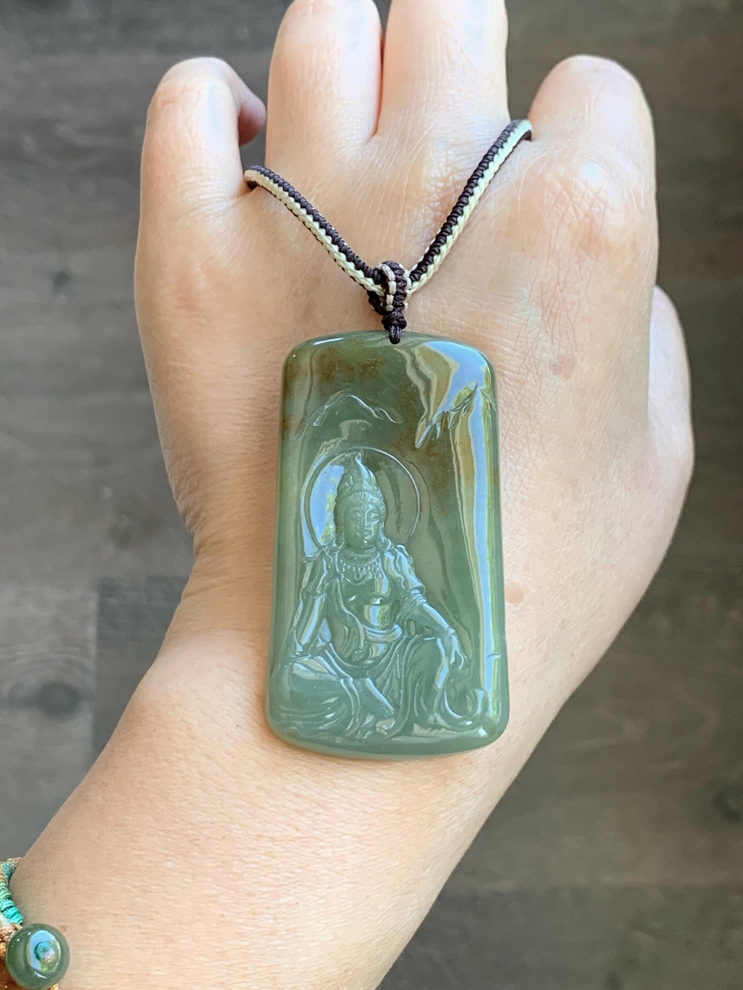 Certified Natural Grade A Icy Translucent Dusty Green Red Marbled Jade Jadeite Bodhisattva Pendant Rope Necklace 天然冰暗绿飘红翡翠山水菩萨吊坠 102
