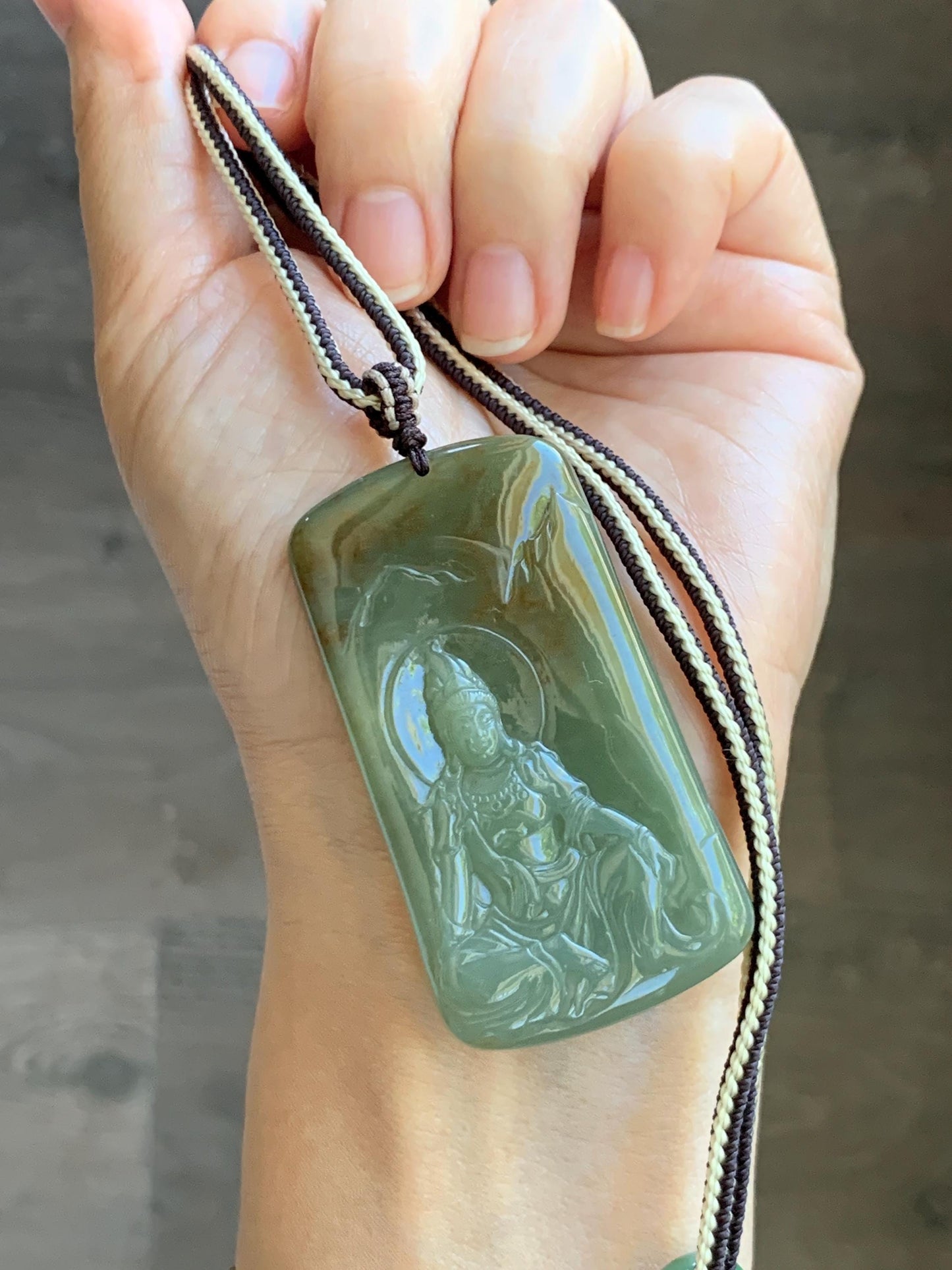 Certified Natural Grade A Icy Translucent Dusty Green Red Marbled Jade Jadeite Bodhisattva Pendant Rope Necklace 天然冰暗绿飘红翡翠山水菩萨吊坠 102
