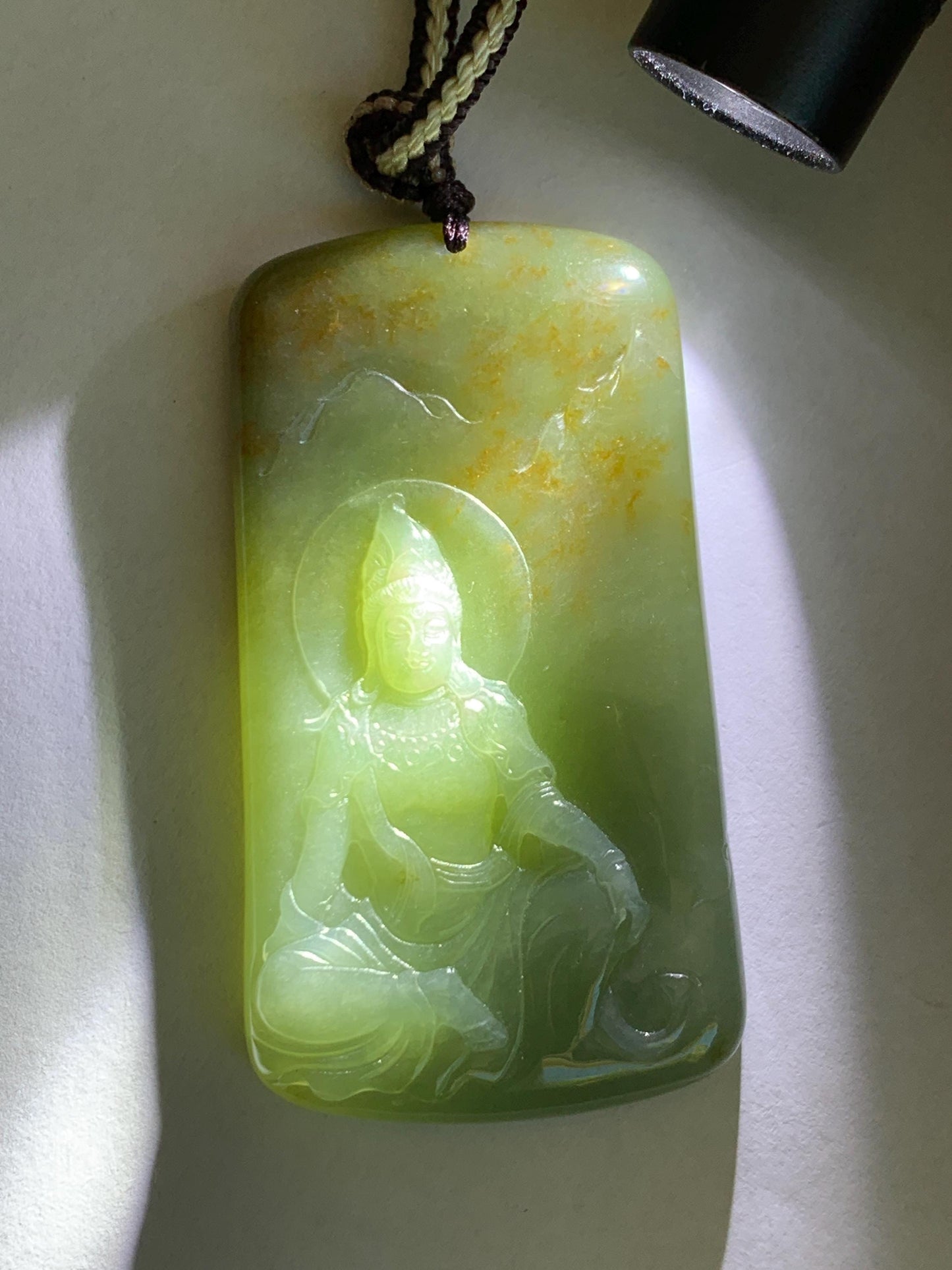 Certified Natural Grade A Icy Translucent Dusty Green Red Marbled Jade Jadeite Bodhisattva Pendant Rope Necklace 天然冰暗绿飘红翡翠山水菩萨吊坠 102
