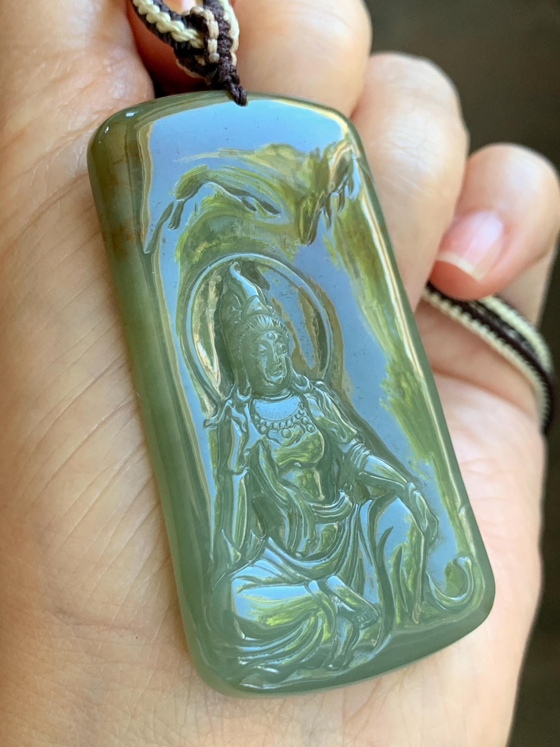 Certified Natural Grade A Icy Translucent Dusty Green Red Marbled Jade Jadeite Bodhisattva Pendant Rope Necklace 天然冰暗绿飘红翡翠山水菩萨吊坠 102