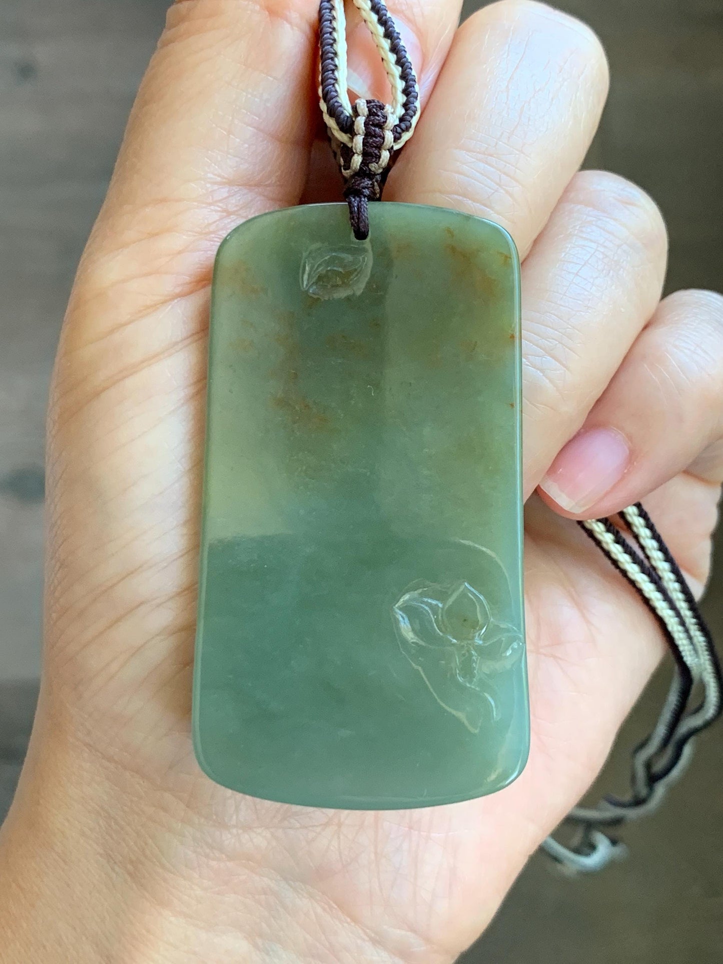 Certified Natural Grade A Icy Translucent Dusty Green Red Marbled Jade Jadeite Bodhisattva Pendant Rope Necklace 天然冰暗绿飘红翡翠山水菩萨吊坠 102