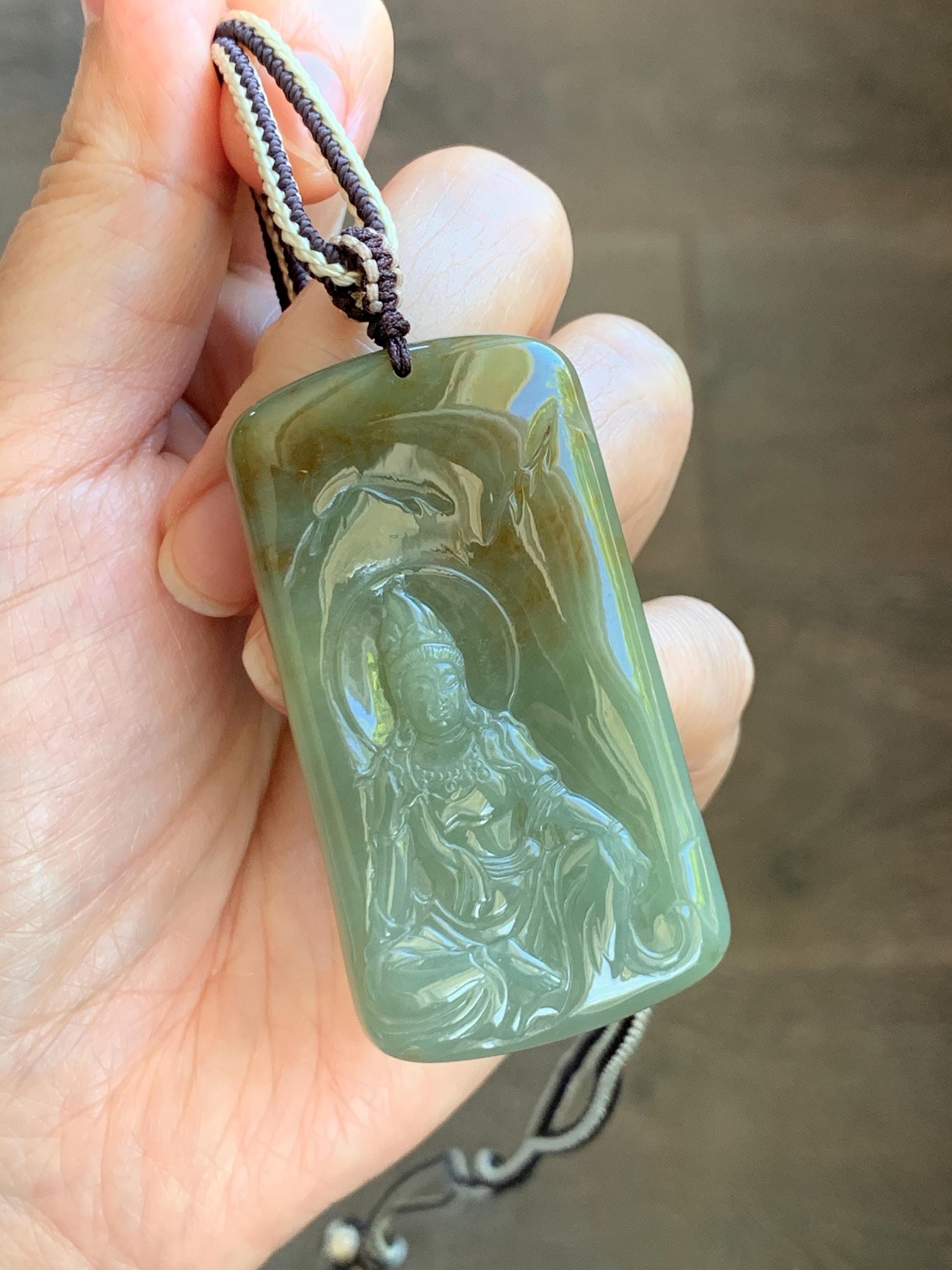 Certified Natural Grade A Icy Translucent Dusty Green Red Marbled Jade Jadeite Bodhisattva Pendant Rope Necklace 天然冰暗绿飘红翡翠山水菩萨吊坠 102