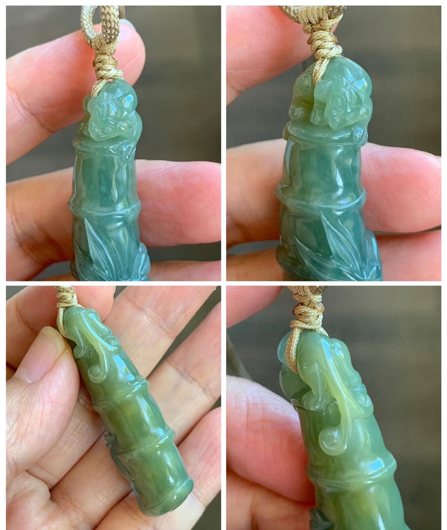 Natural Grade A Guatemalan Icy Translucent Dusty Blue Yellow Bicolored Jade Jadeite Bamboo Pixiu Pendant Rope Necklace 天然冰危黄蓝翡翠竹节貔貅吊坠 WZP110