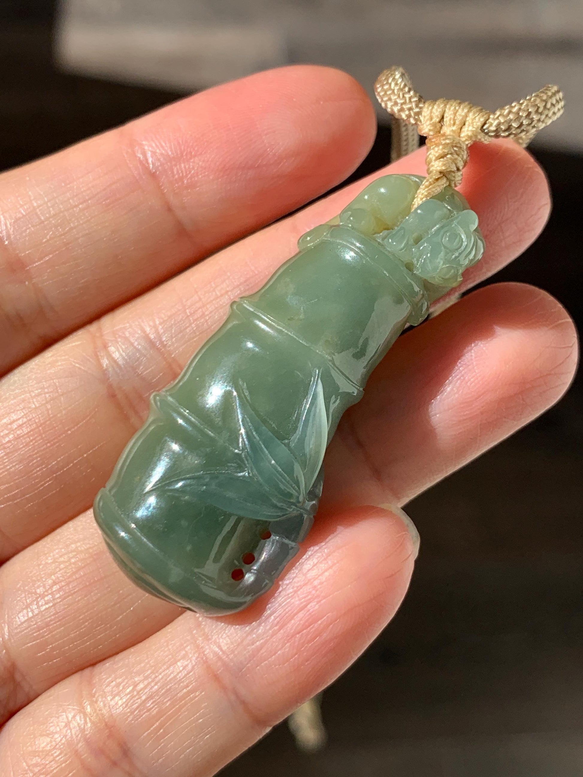 Natural Grade A Guatemalan Icy Translucent Dusty Blue Yellow Bicolored Jade Jadeite Bamboo Pixiu Pendant Rope Necklace 天然冰危黄蓝翡翠竹节貔貅吊坠 WZP110