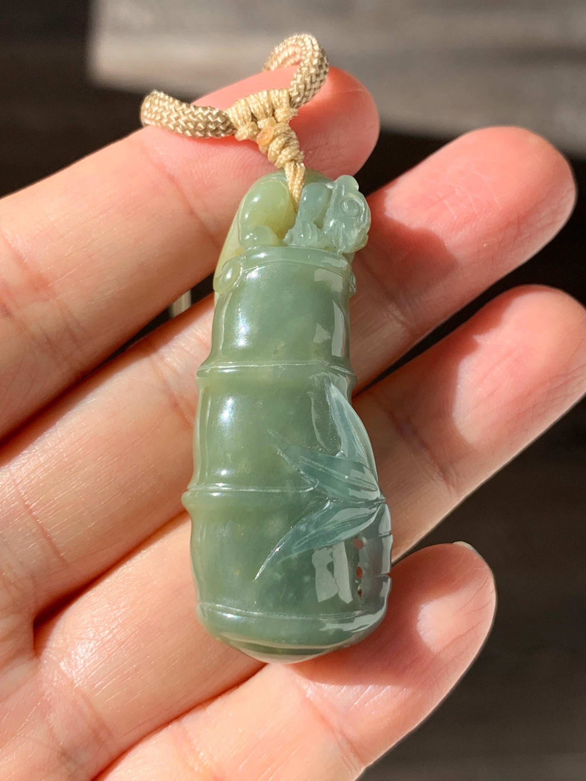 Natural Grade A Guatemalan Icy Translucent Dusty Blue Yellow Bicolored Jade Jadeite Bamboo Pixiu Pendant Rope Necklace 天然冰危黄蓝翡翠竹节貔貅吊坠 WZP110