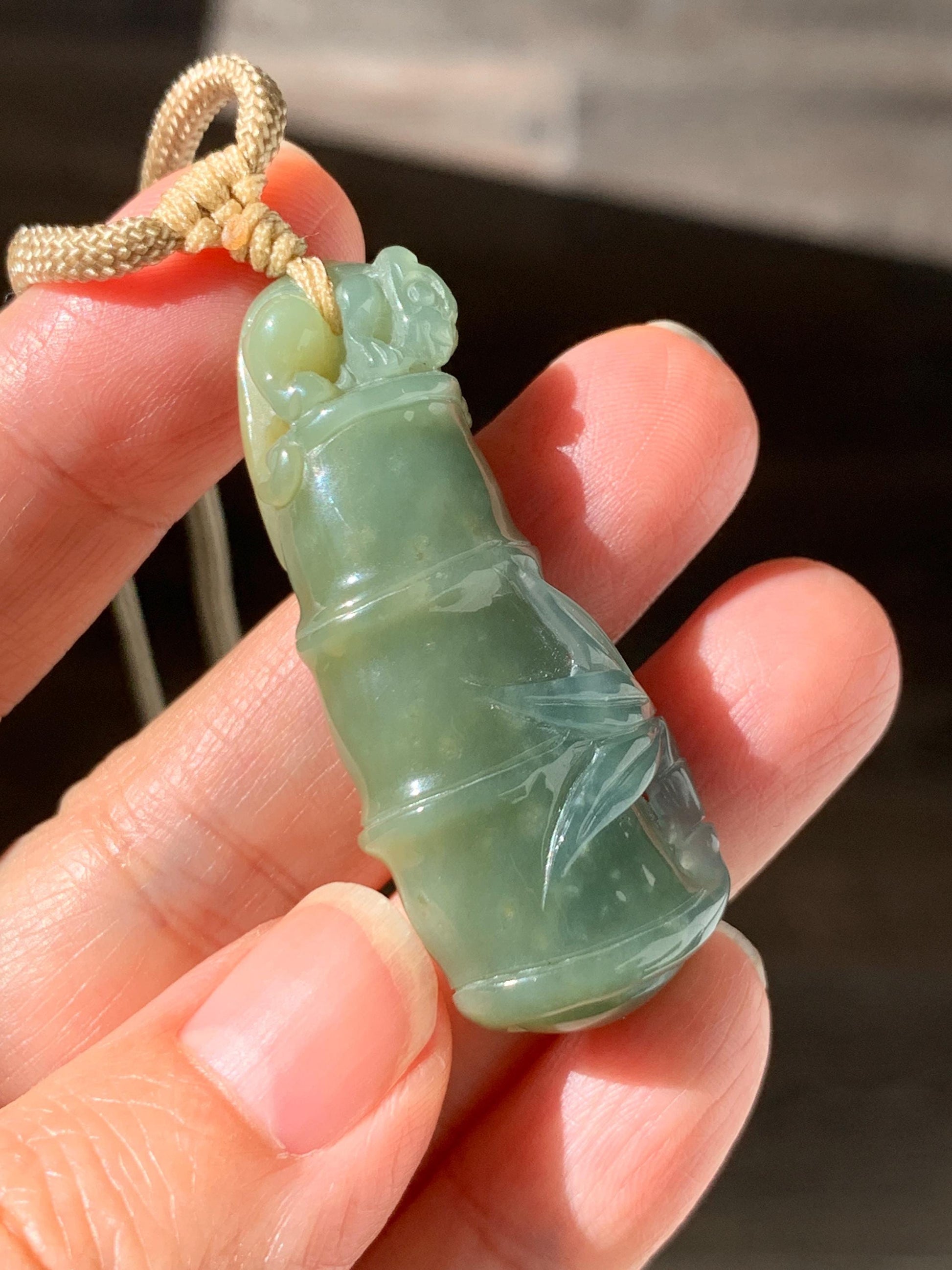 Natural Grade A Guatemalan Icy Translucent Dusty Blue Yellow Bicolored Jade Jadeite Bamboo Pixiu Pendant Rope Necklace 天然冰危黄蓝翡翠竹节貔貅吊坠 WZP110